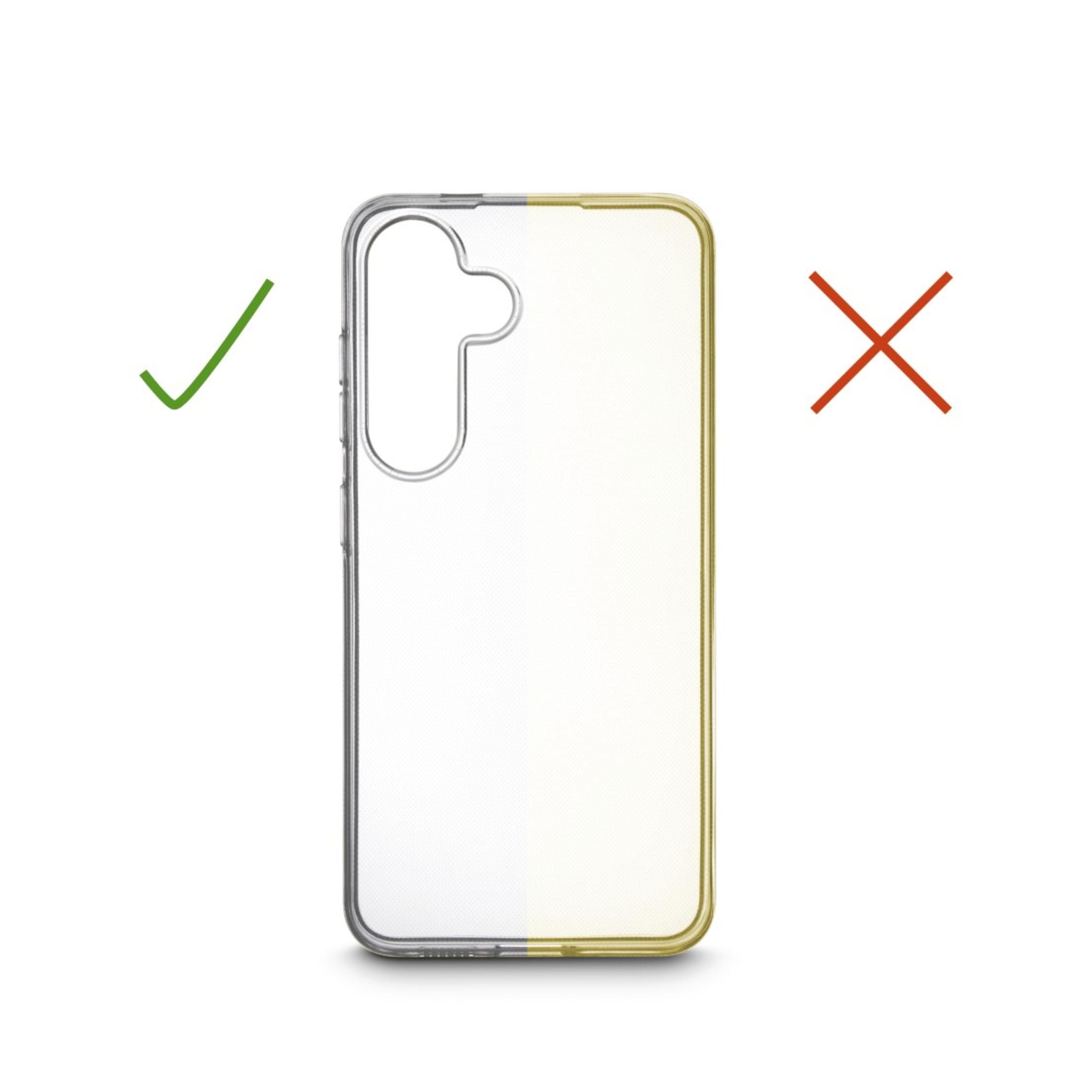 Un étui de téléphone est montré. Une coche verte et un X rouge marquent l'ajustement.