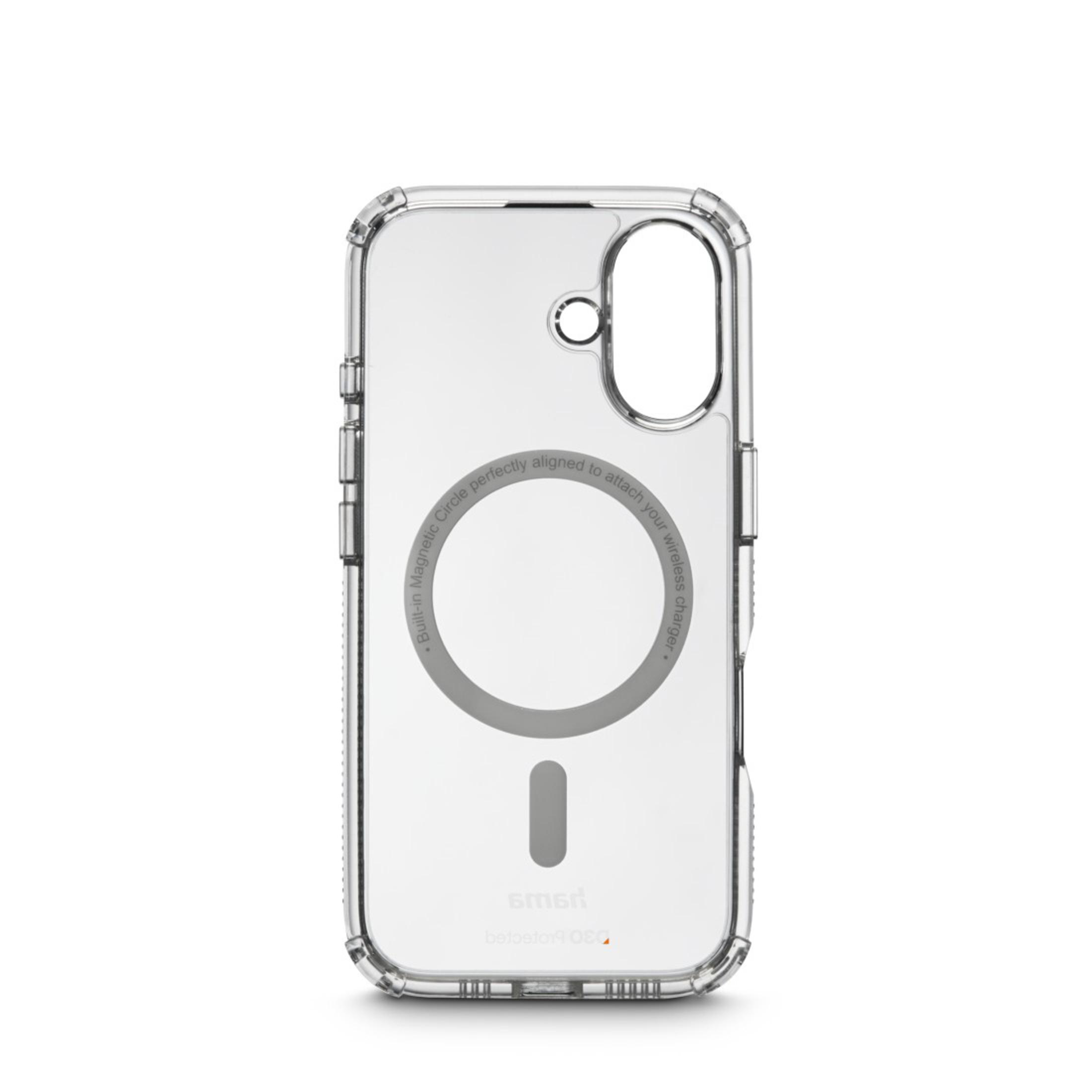 Custodia trasparente. Design a cerchio e trattino per la ricarica wireless. Sfondo bianco.