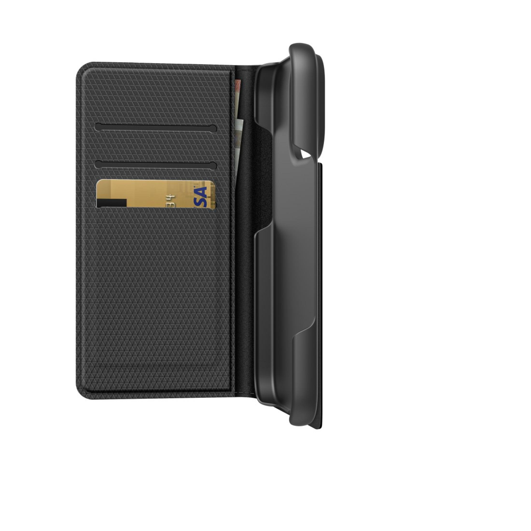 Custodia per telefono nera con fessure per carte. All'interno, una carta d'oro parzialmente visibile. Sfondo bianco.