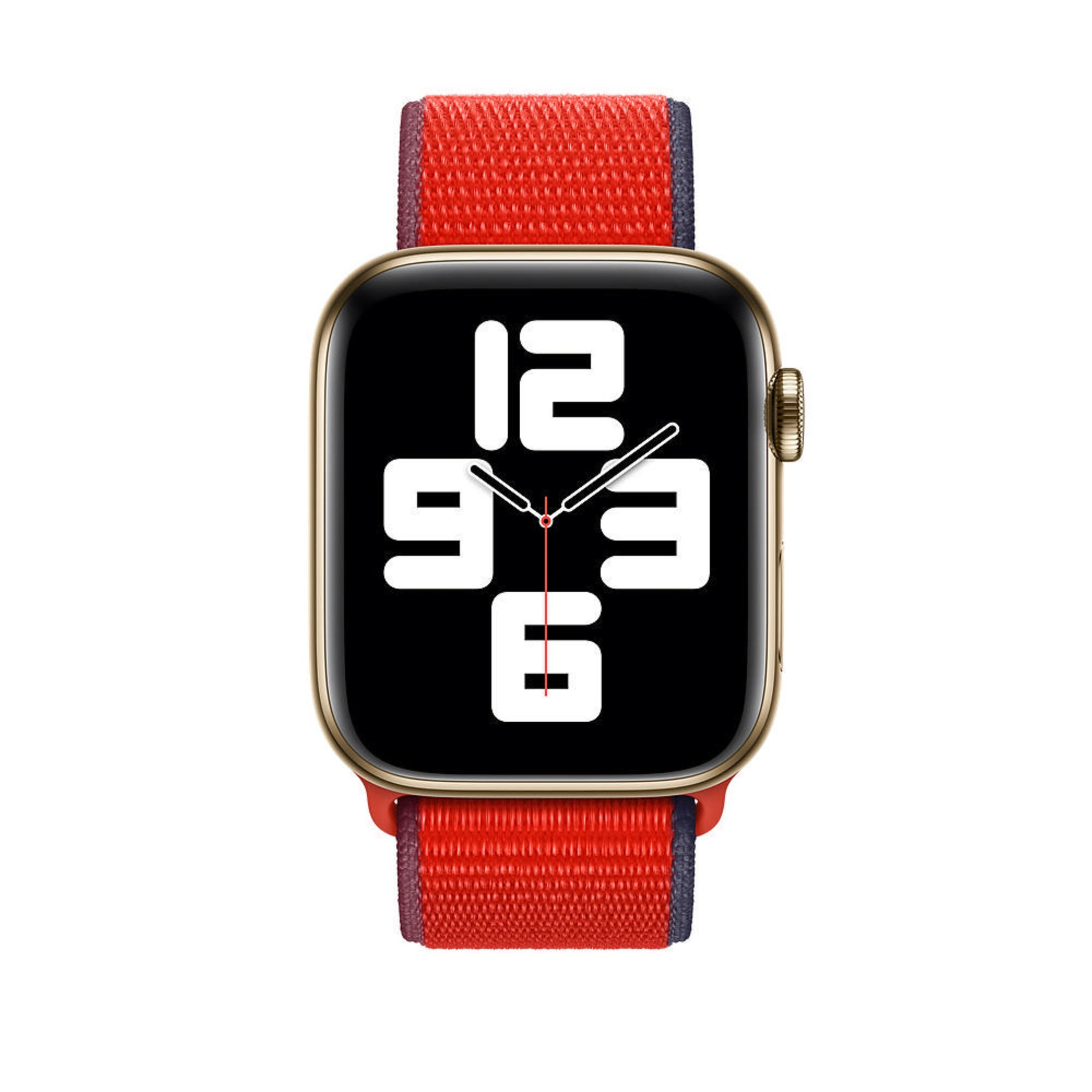 Złoty Apple Watch z czerwono-niebieskim paskiem w paski, pokazujący czas.