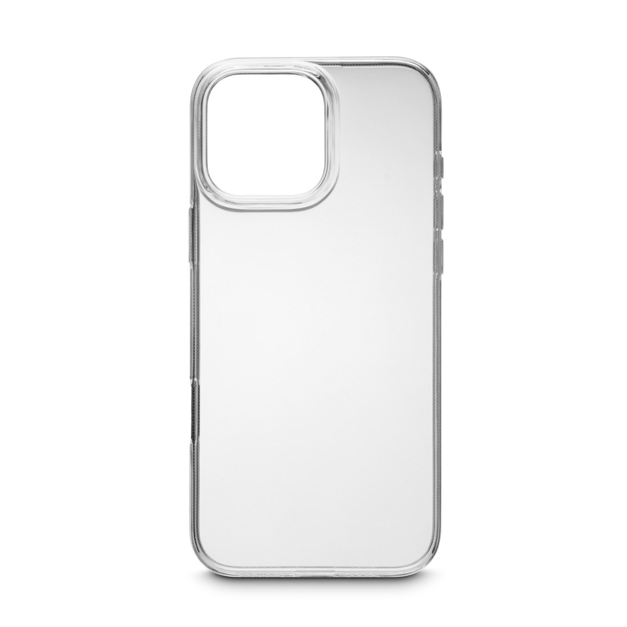 Custodia trasparente per telefono con ritaglio per fotocamera. La custodia è trasparente e ha una superficie liscia.