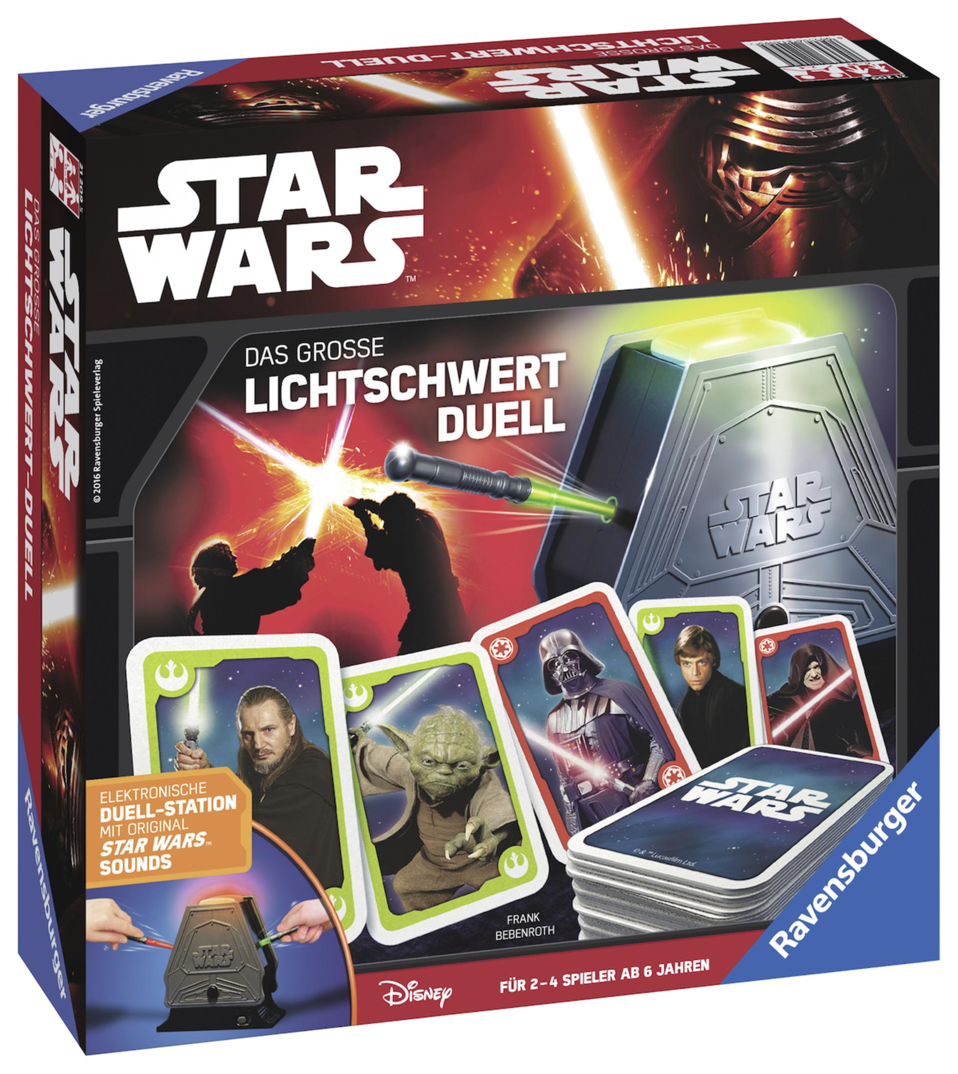 Star Wars Brettspielbox mit Charakteren und Lichtschwertern, zeigt den Spieletitel und das Ravensburger-Logo.