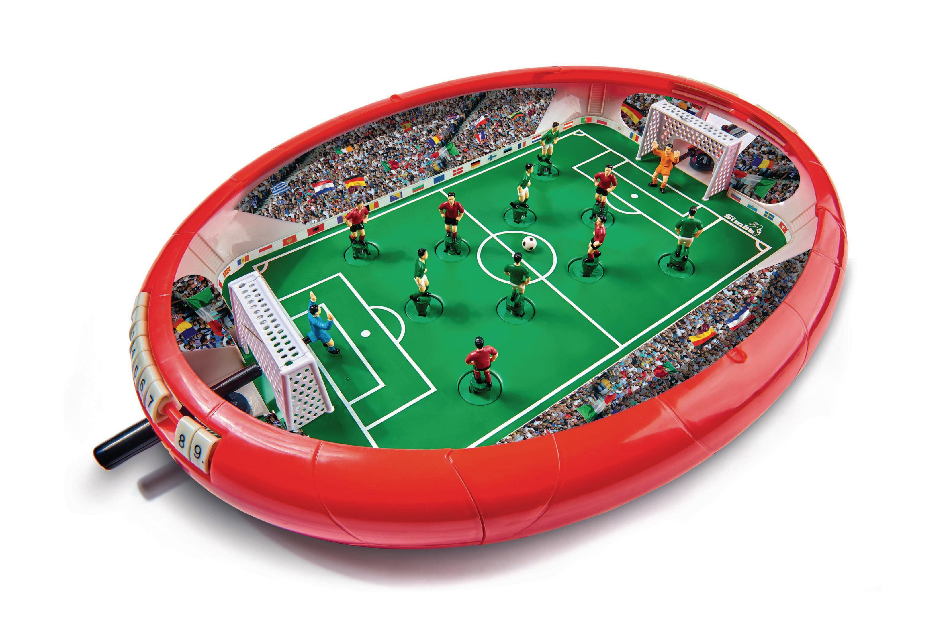 Ein Miniatur-Tischfußballtisch mit Spielern und Toren. Roter Rand, grünes Spielfeld.