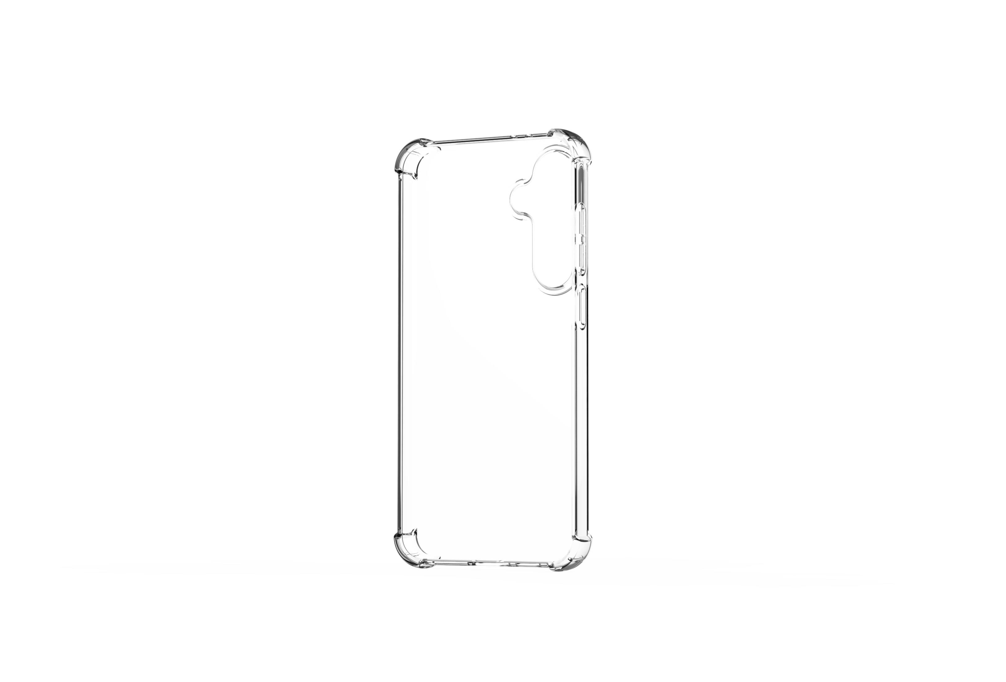 Transparente Handyhülle. Aussparungen für Kamera und Knöpfe. Weißer Hintergrund.