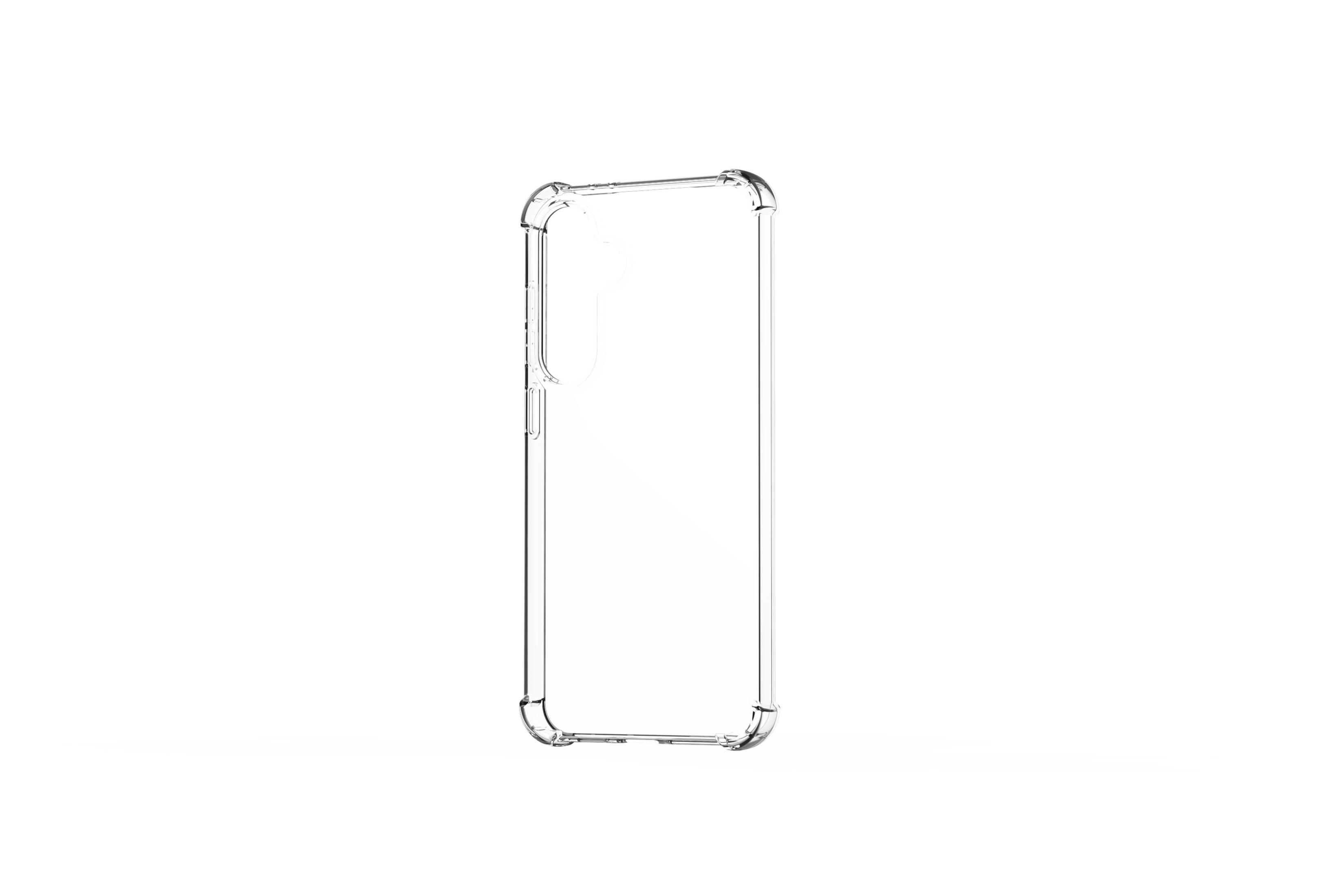 Transparente Handyhülle auf Weiß. Die Hülle ist transparent und hat einen Schutzrahmen.
