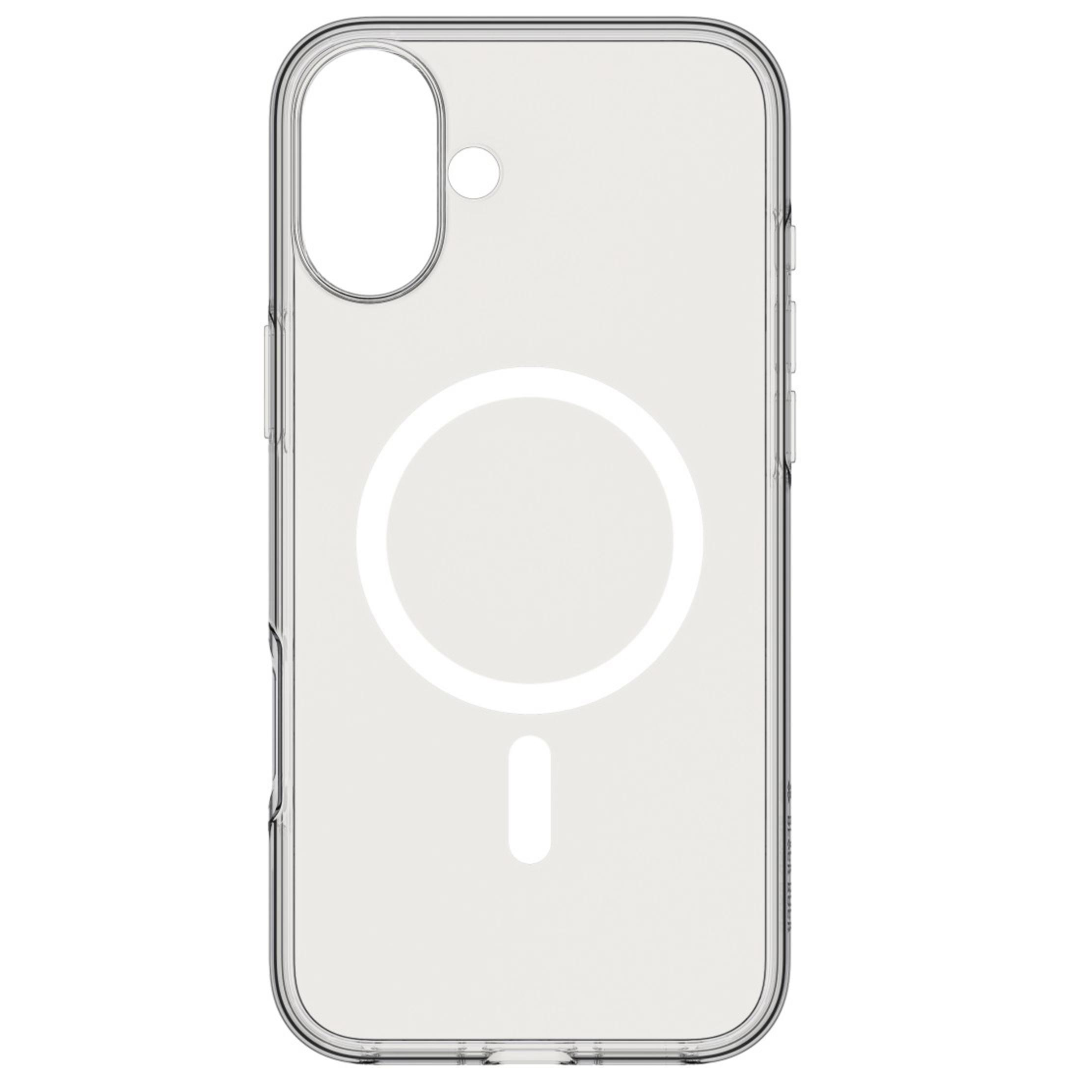Custodia trasparente per telefono con un cerchio bianco e un simbolo meno.
