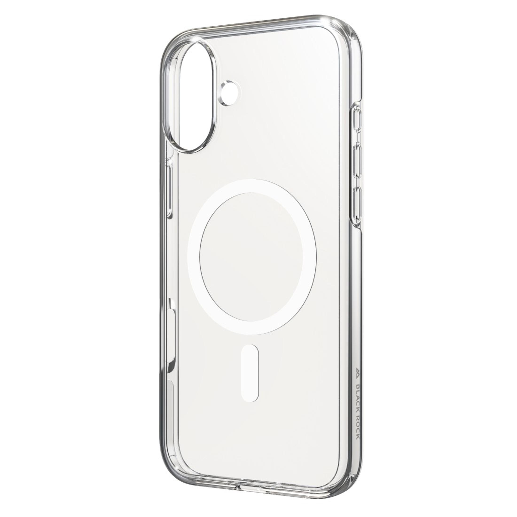 Una custodia trasparente per telefono. La custodia ha un design circolare e un ritaglio per la fotocamera.