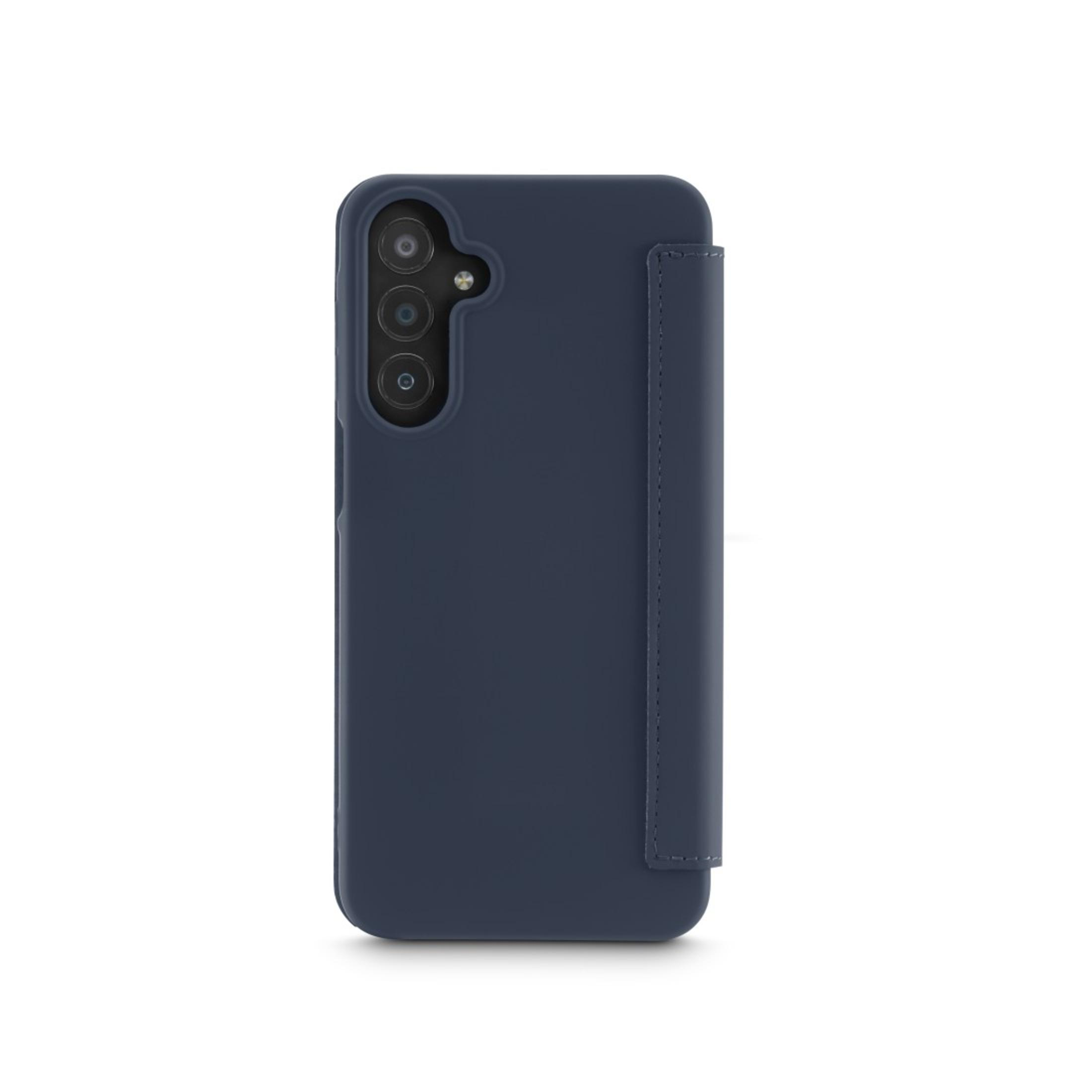 Coque de téléphone bleue avec une couverture folio et une découpe pour l'appareil photo.