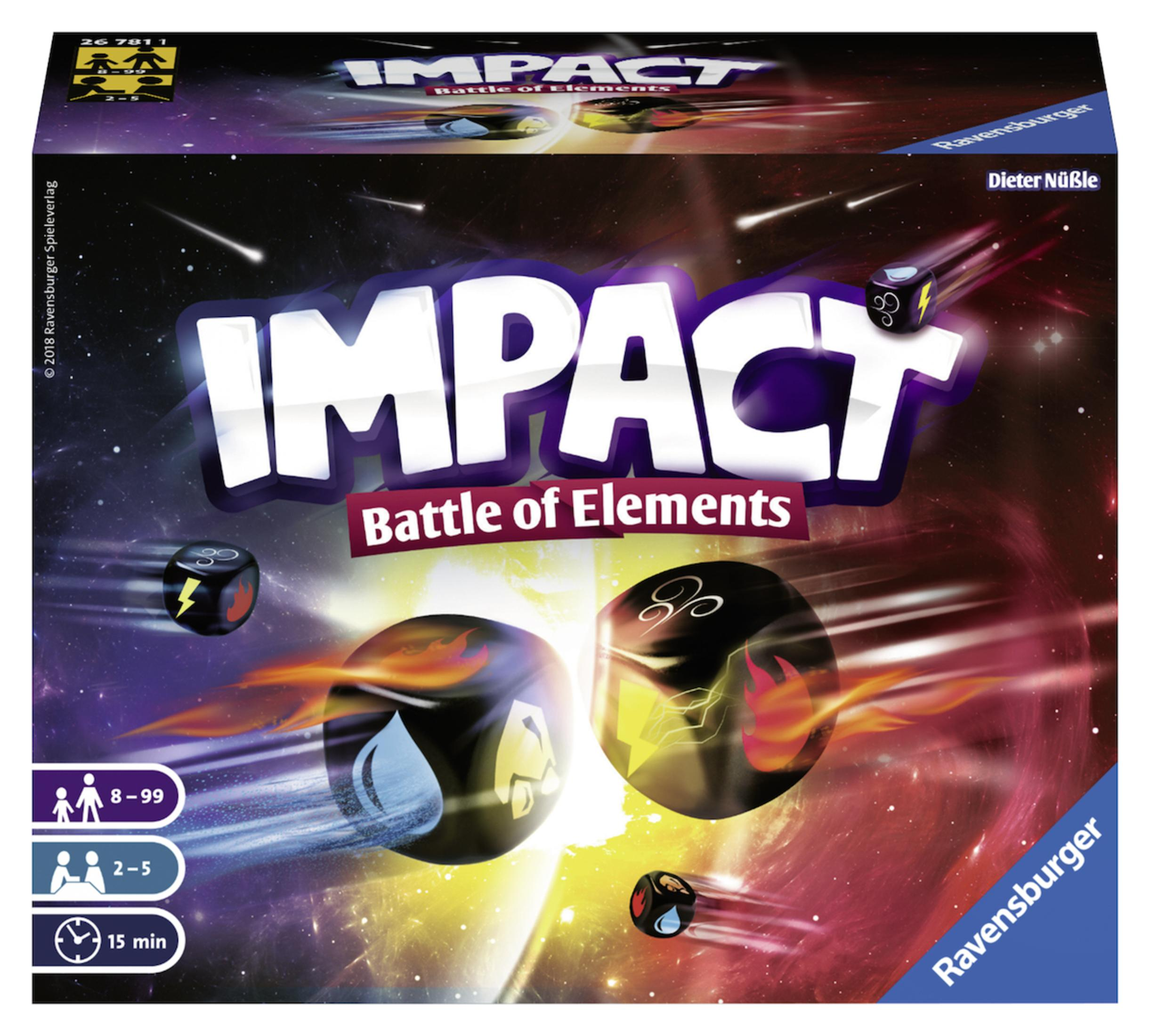 Brettspielbox. Der Titel lautet "Impact: Battle of Elements". Verschiedene Spielelemente werden gezeigt.