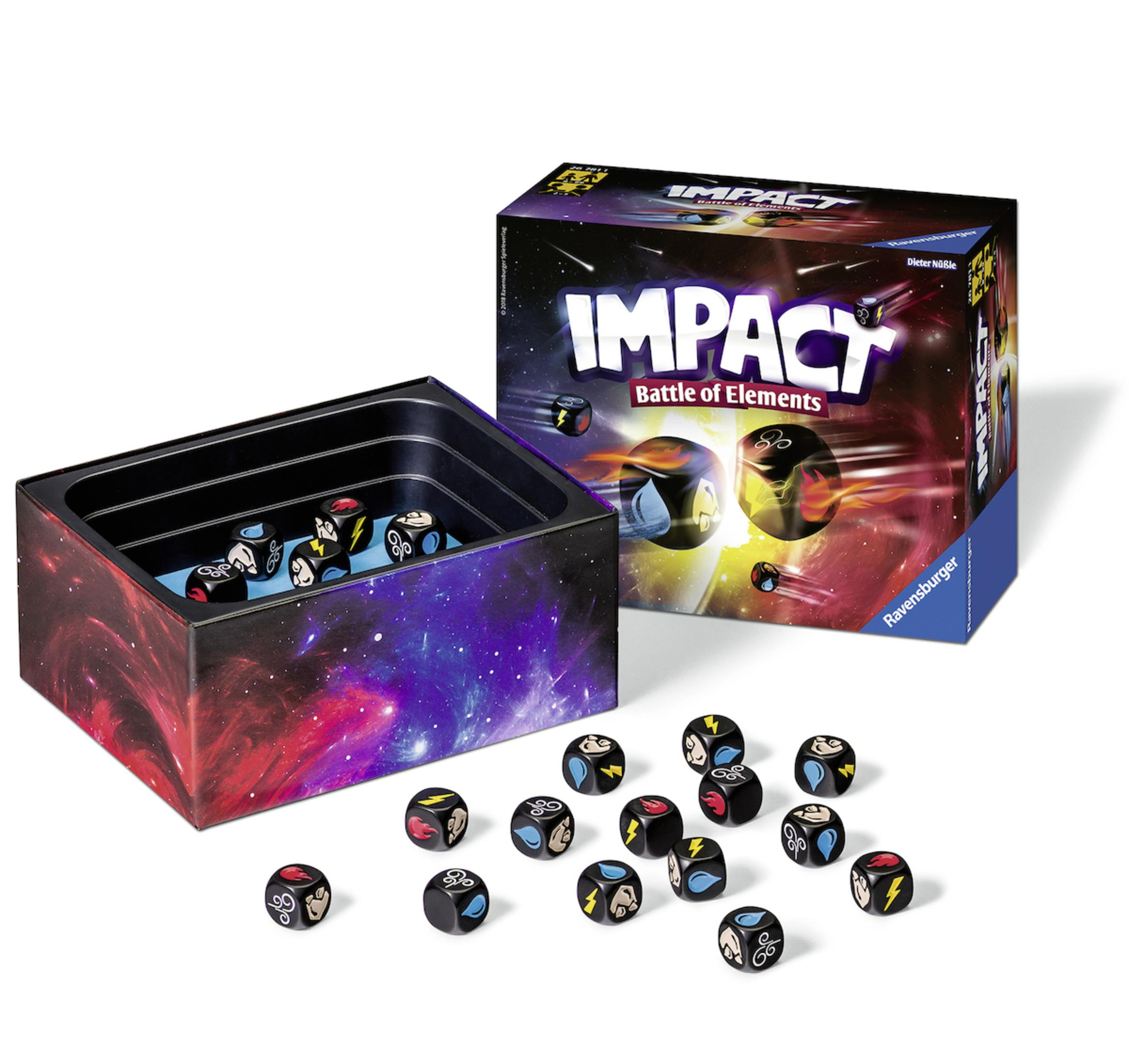Eine Brettspielbox mit Würfeln und Spielsteinen, die verstreut sind.