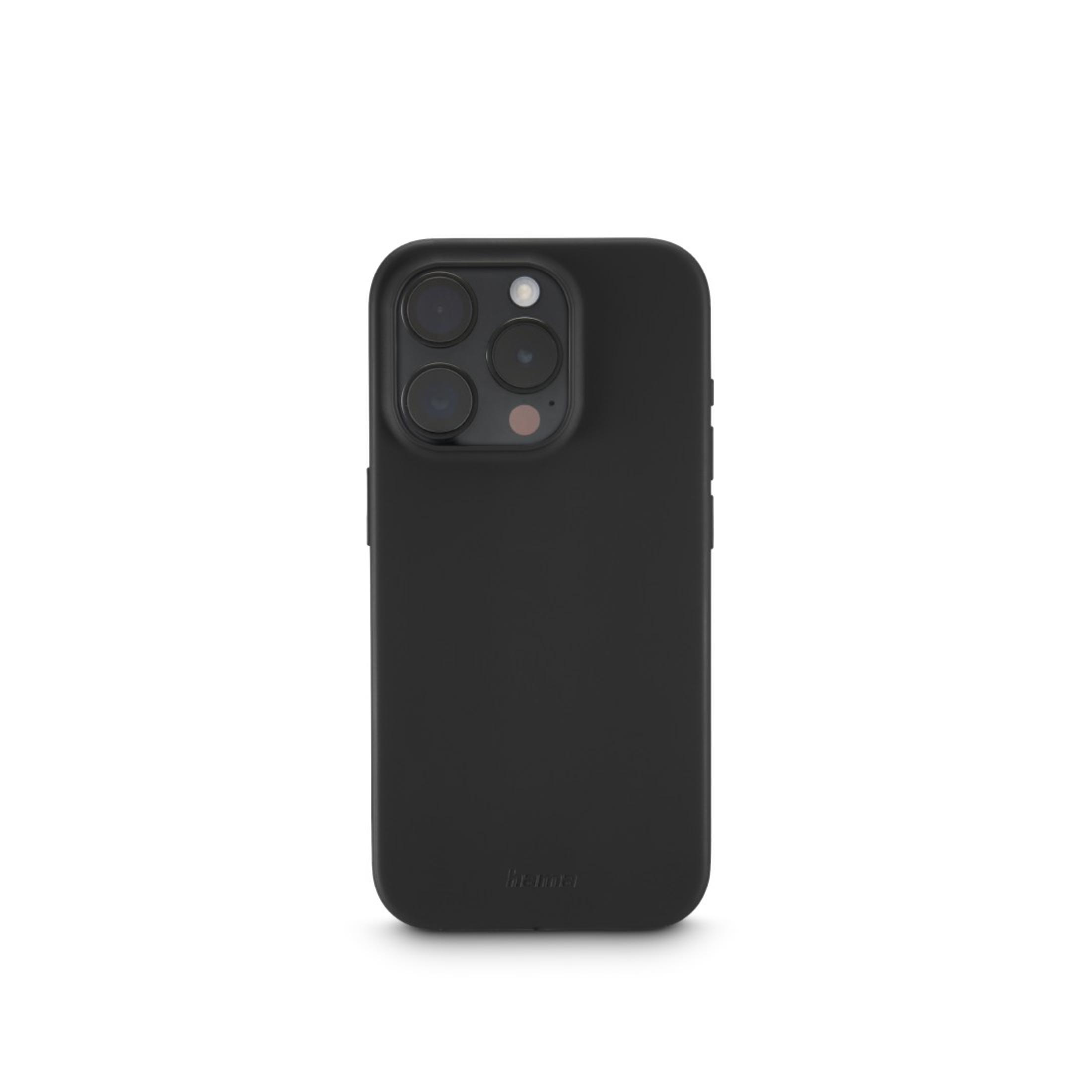 Una custodia nera per telefono con le lenti della fotocamera visibili. La custodia è su sfondo bianco.