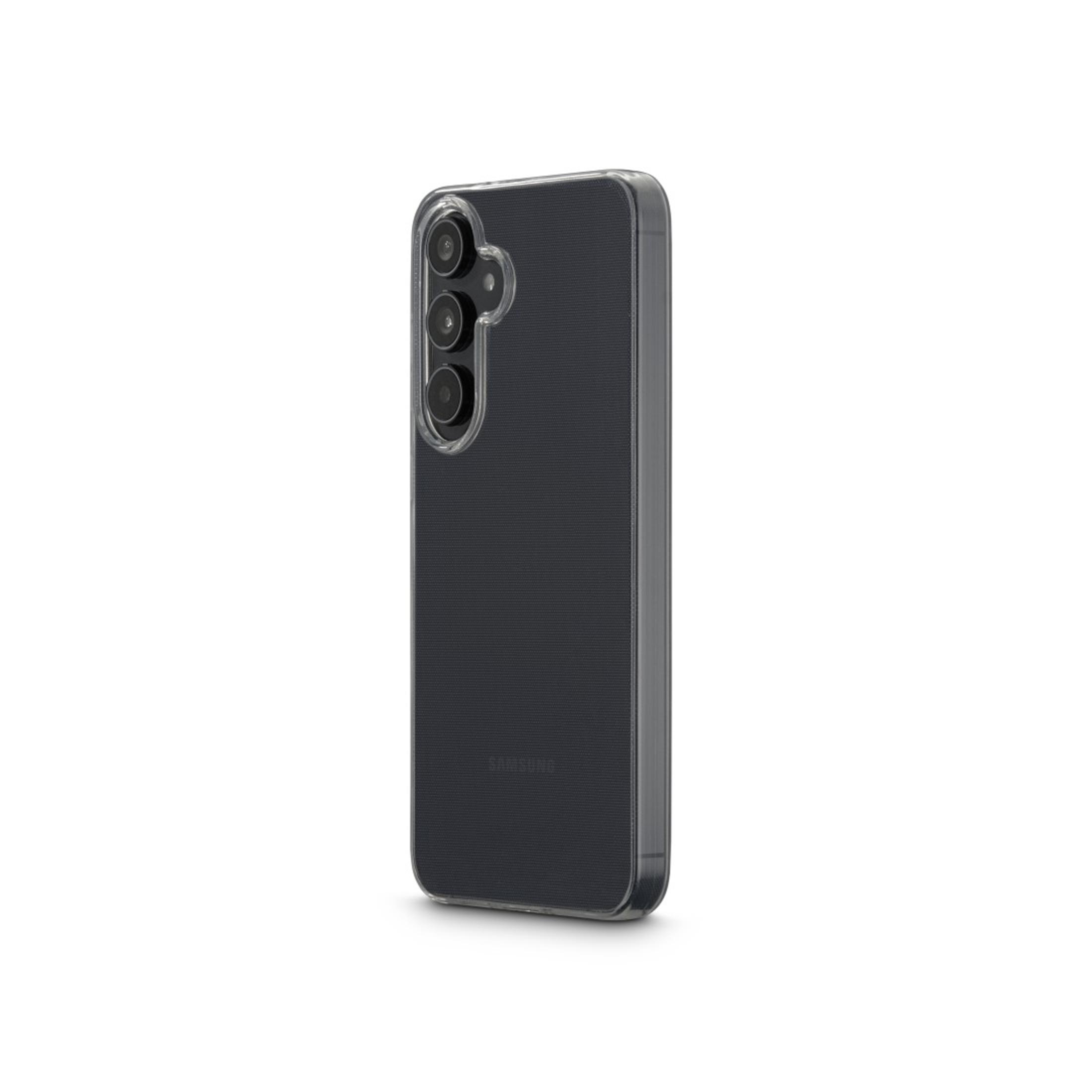 Un téléphone noir avec une coque transparente, montrant trois caméras arrière.