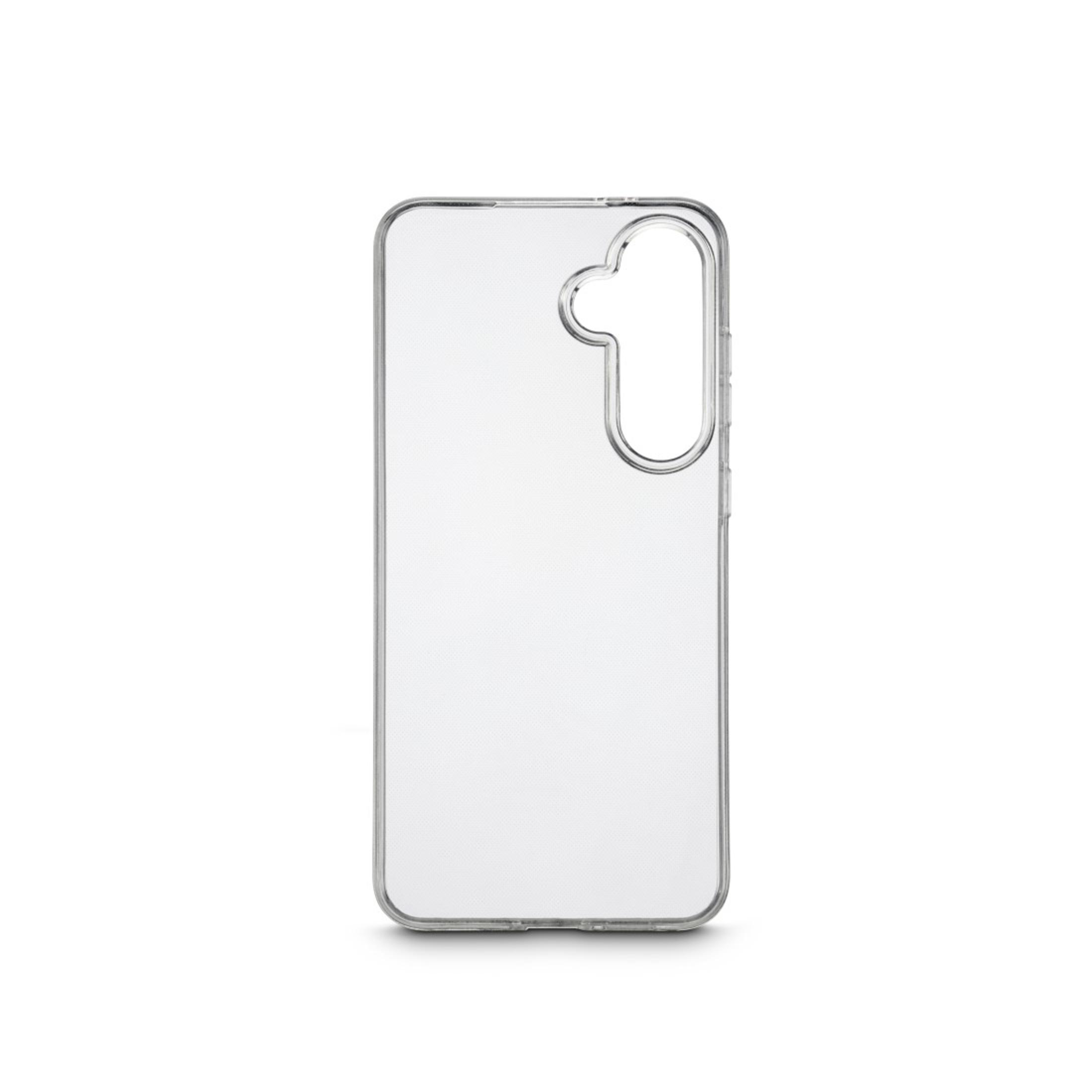 Coque de téléphone transparente. La coque est transparente et possède une découpe pour l'appareil photo.