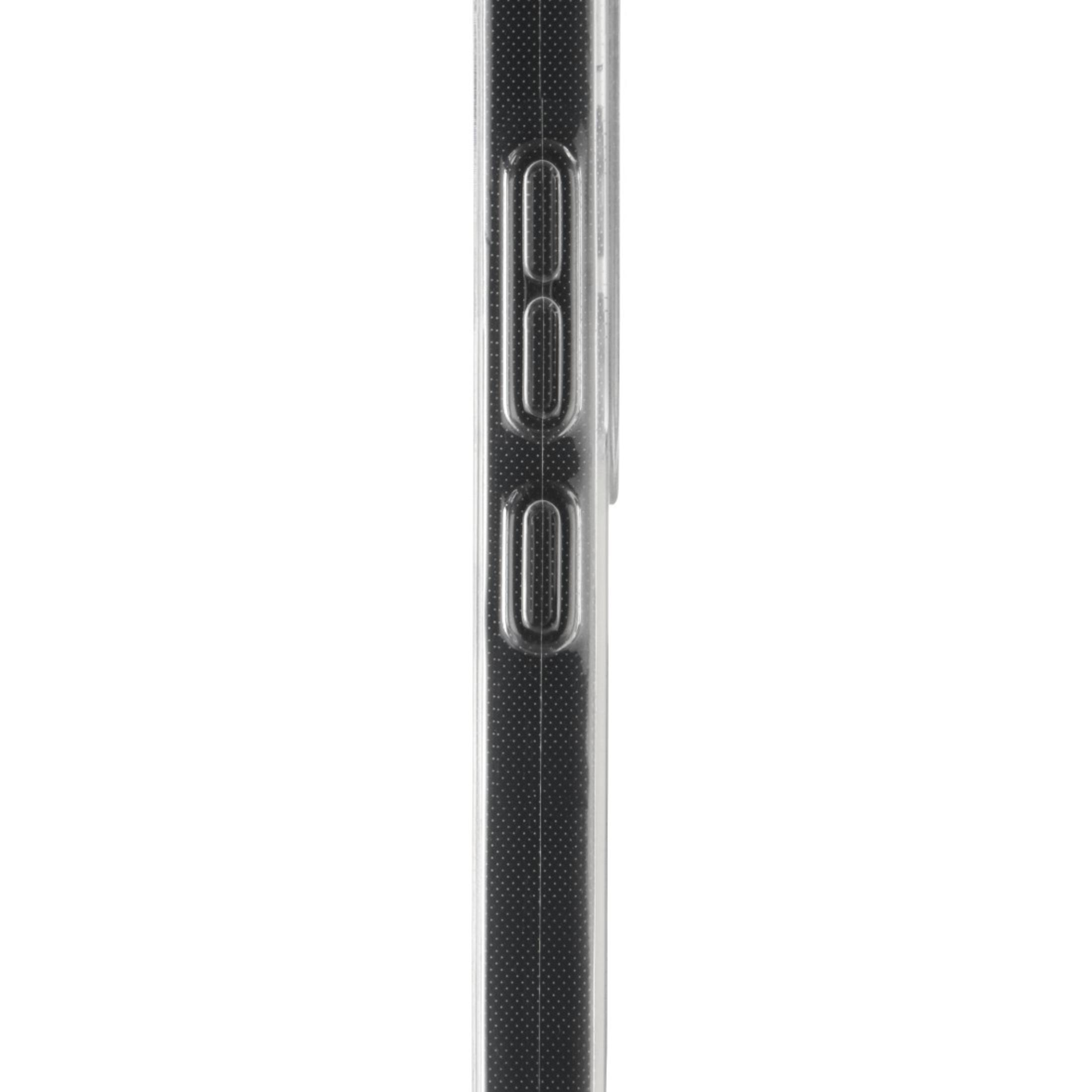 Gros plan du côté d'une coque de téléphone avec des boutons, du plastique transparent et une texture pointillée.