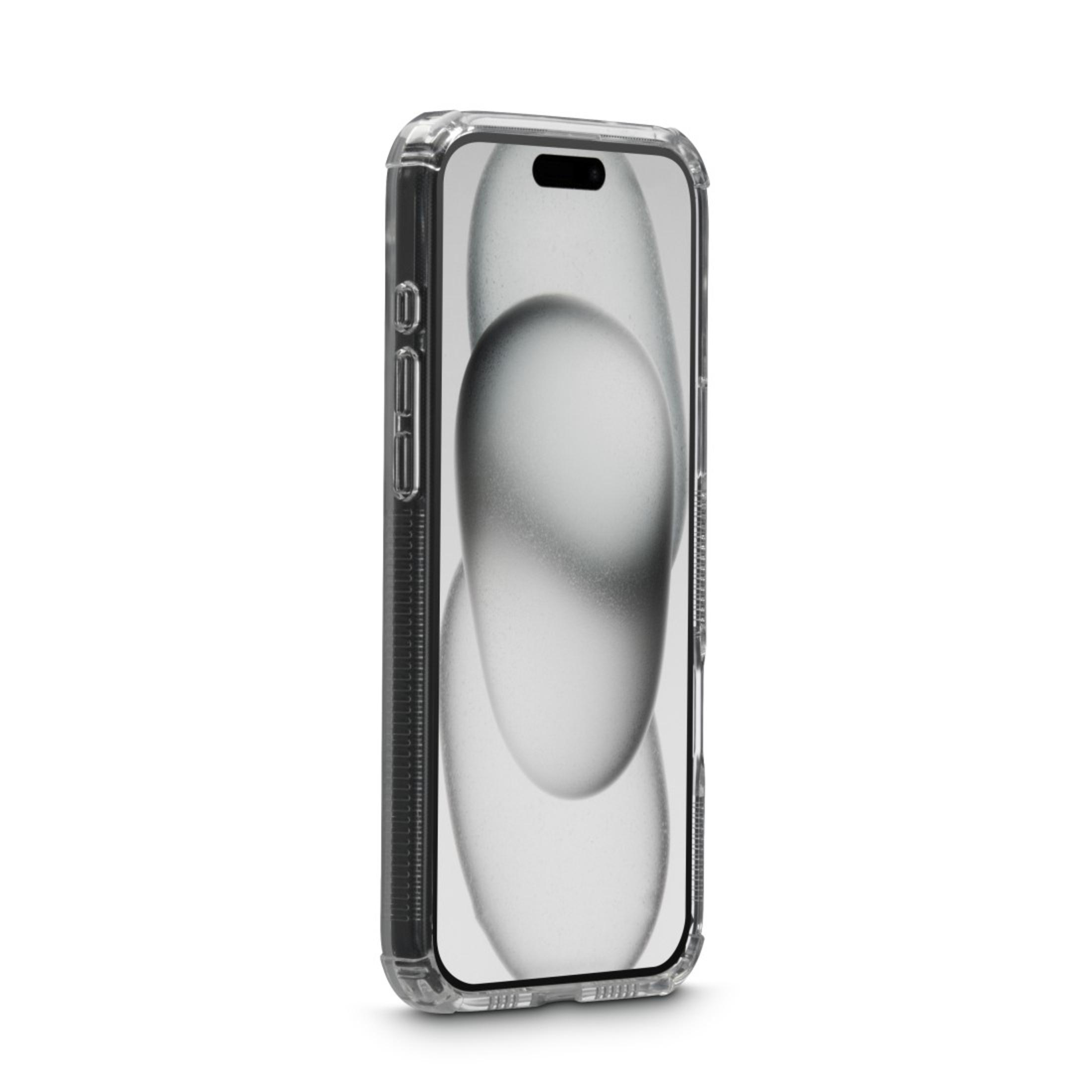 Ein Telefon in einer transparenten Hülle, mit einem verschwommenen abstrakten Bild auf dem Bildschirm. Der Hintergrund ist verschwommen.