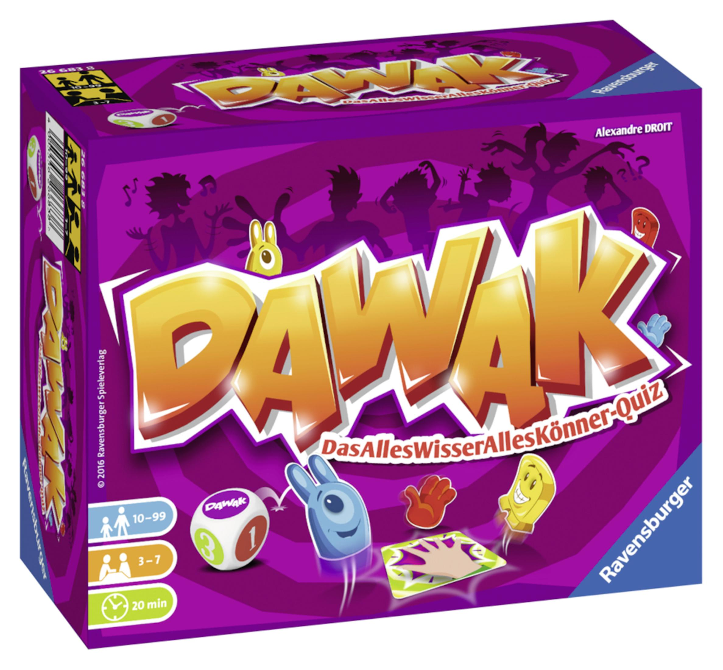 DAWAK-Spielbox, lila mit gelben Buchstaben, Cartoonfiguren und Spielkomponenten.