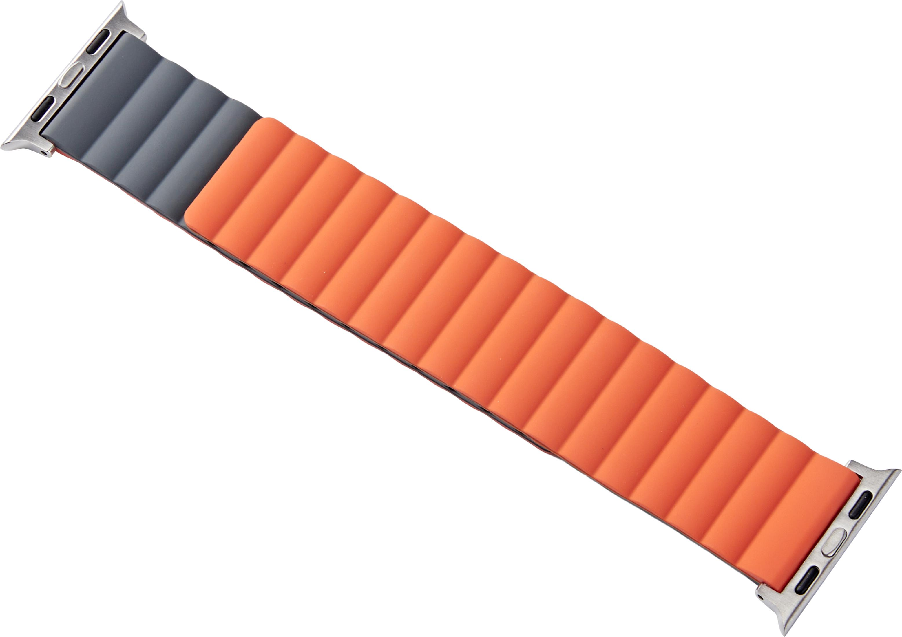 Ein magnetisches Apple Watch-Armband, orange und grau, mit geripptem Design.