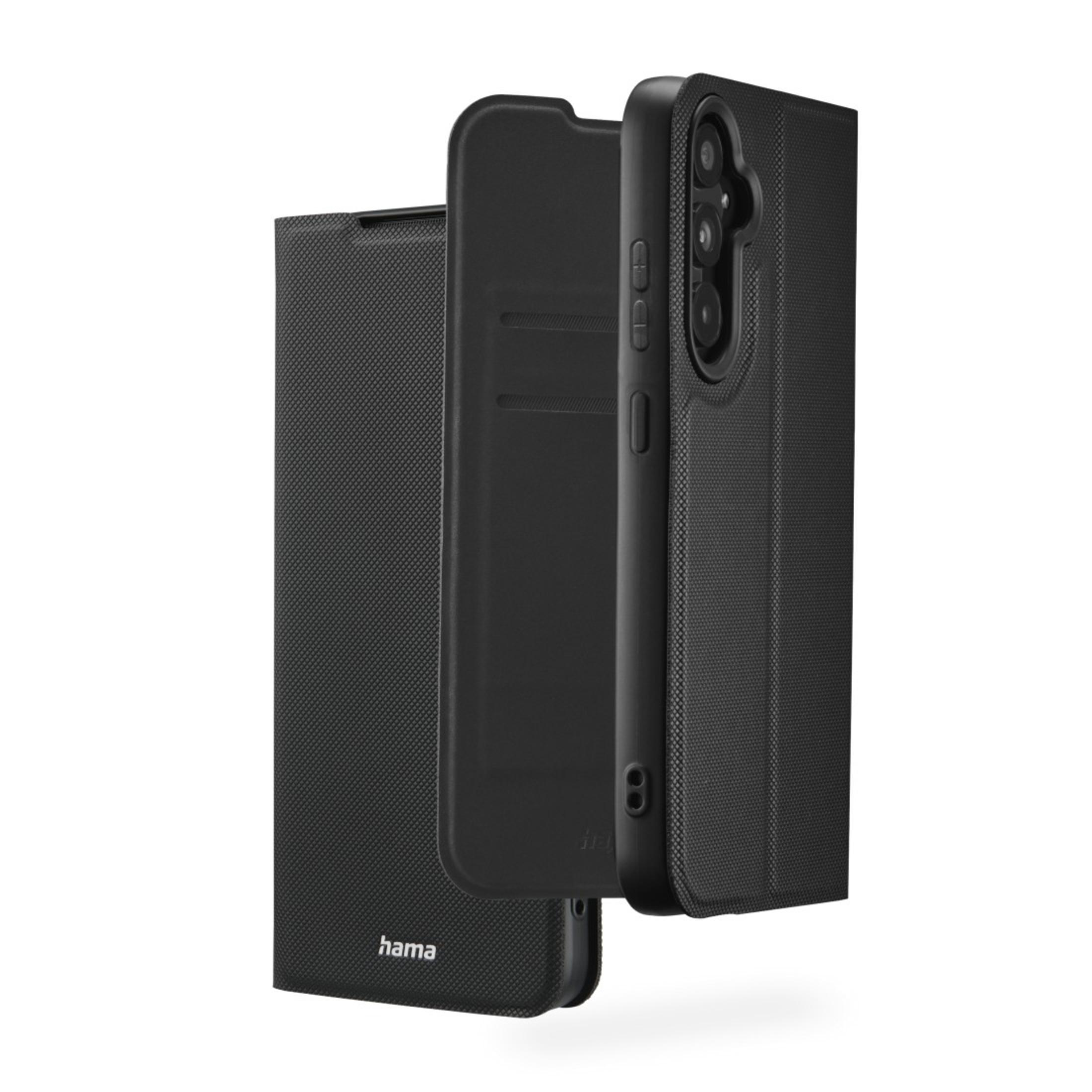 Custodia per telefono nera, aperta, che mostra la parte interna, con un logo Hama.