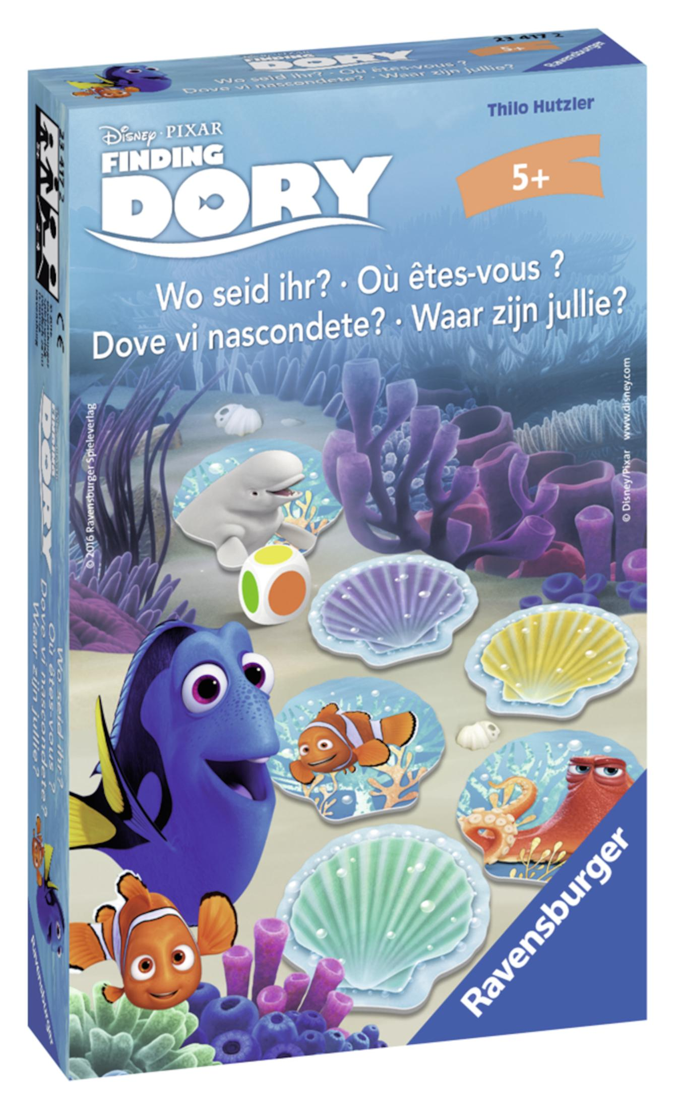 Finding Dory Brettspielbox mit Charakteren und farbenfrohen Meeresbewohnern.
