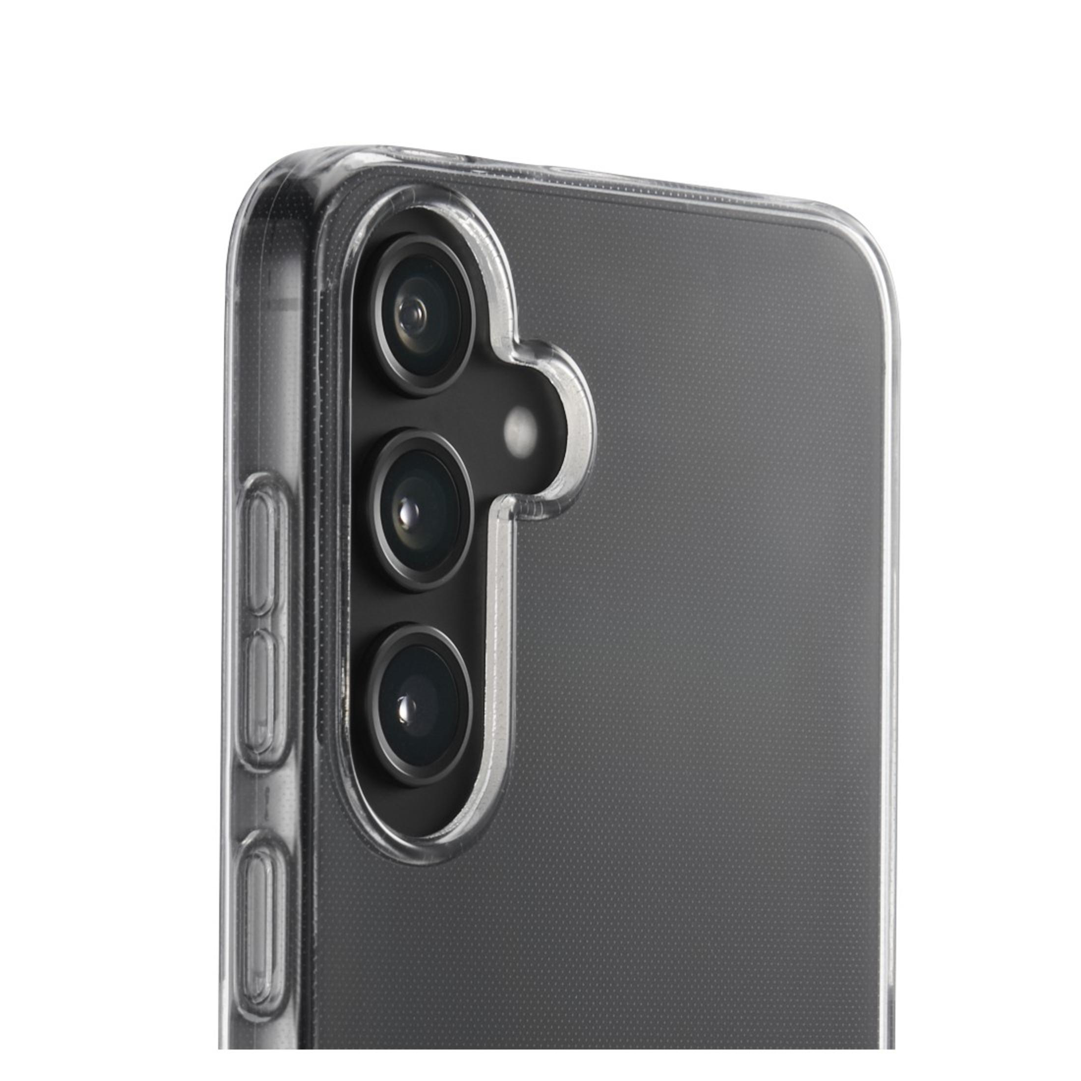 Gros plan de l'ensemble de caméras d'un téléphone avec une coque transparente.