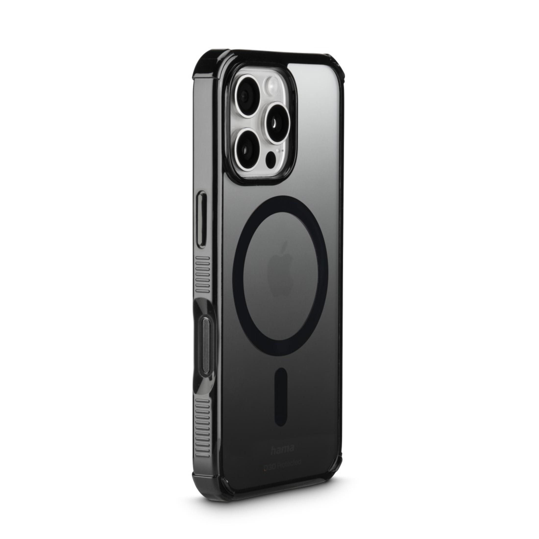 Custodia nera per iPhone con retro trasparente. Ha un telaio nero e un cerchio MagSafe.