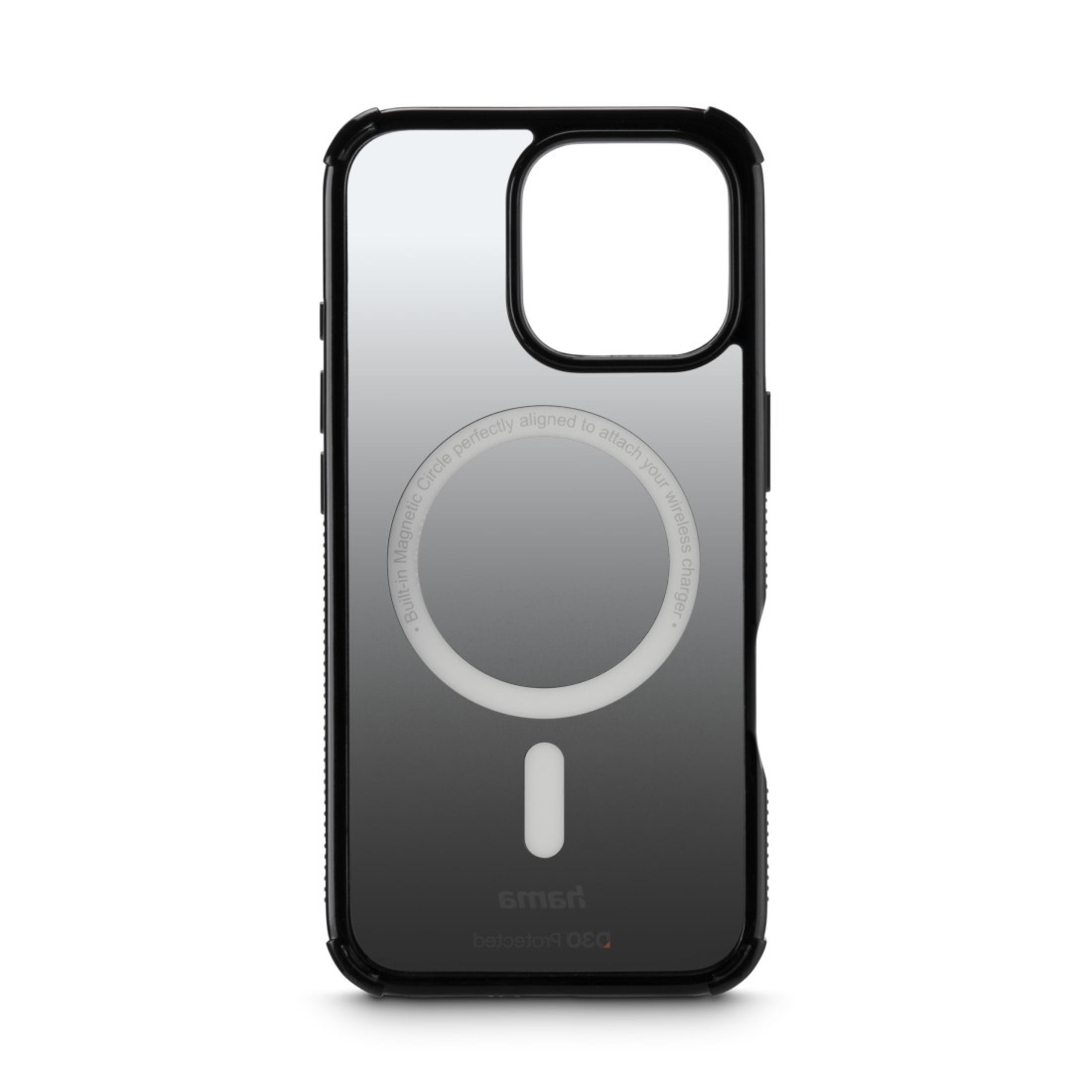 Una custodia trasparente per telefono con un cerchio magnetico e un gradiente nero su sfondo bianco.