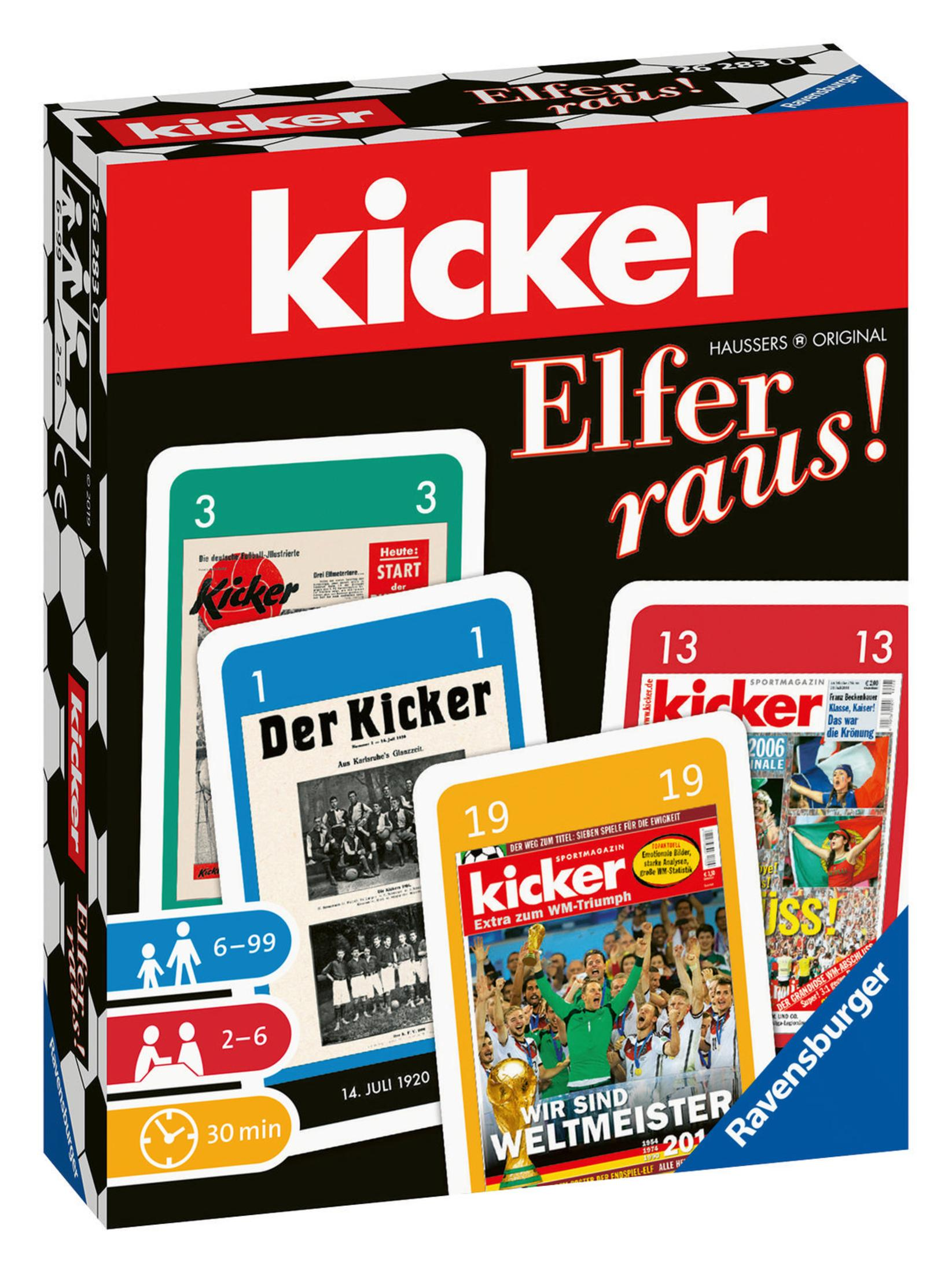 Schachtel des Kartenspiels 'Kicker Elfer Raus!' mit verschiedenen Spielkarten. Enthält Bilder von Fußball und Weltmeisterteam.