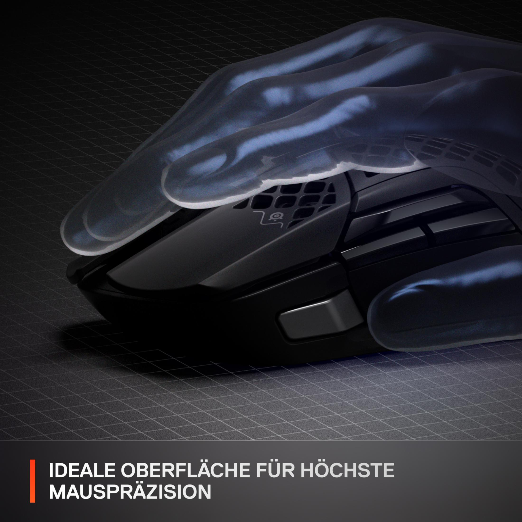 Schwarze Gaming-Maus mit einer Hand darüber. Die Maus befindet sich auf einer strukturierten Oberfläche.