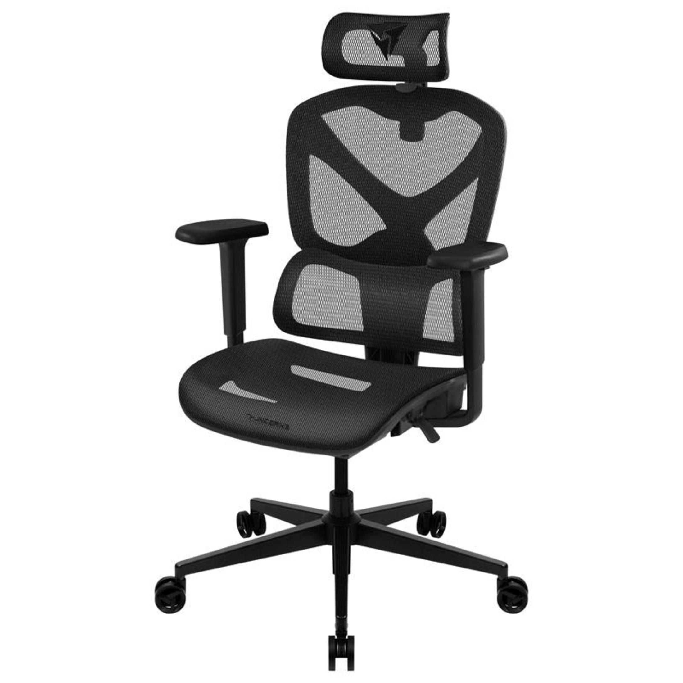 Schwarzer Bürostuhl mit Netzrückenlehne, Kopfstütze, Armlehnen und Fünf-Speichen-Fuß mit Rollen.