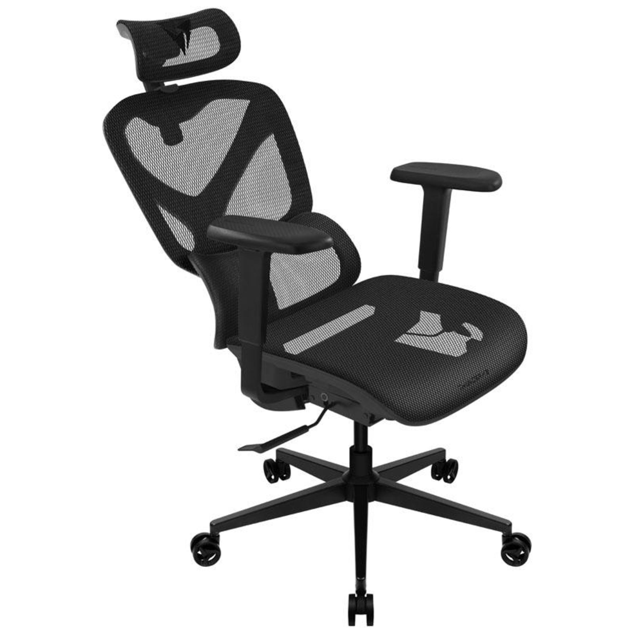 Schwarzer ergonomischer Bürostuhl mit Netzrücken, Kopfstütze und verstellbaren Armlehnen auf schwarzem Sockel.