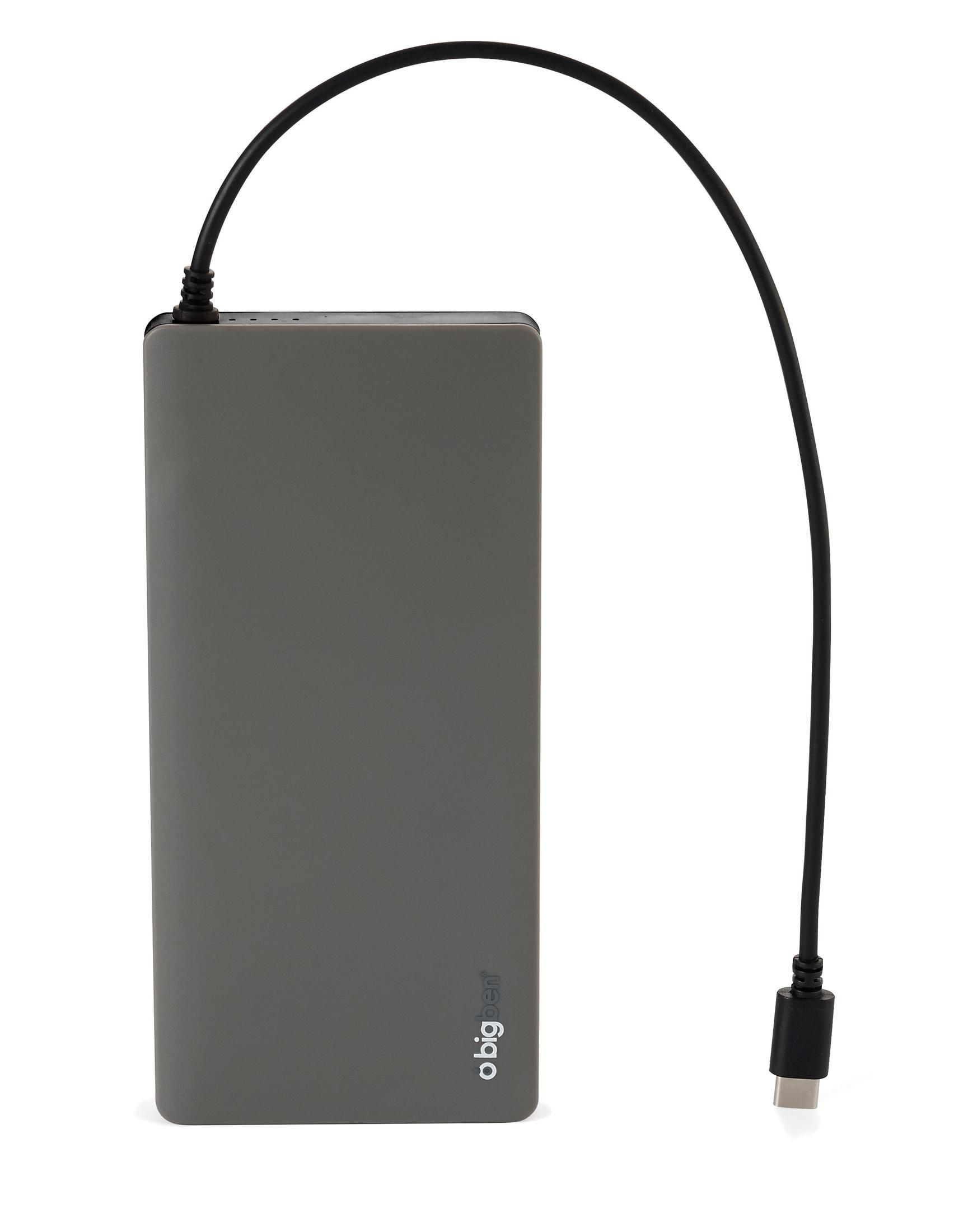 Un power bank grigio con cavo nero e connettore USB-C su sfondo bianco.