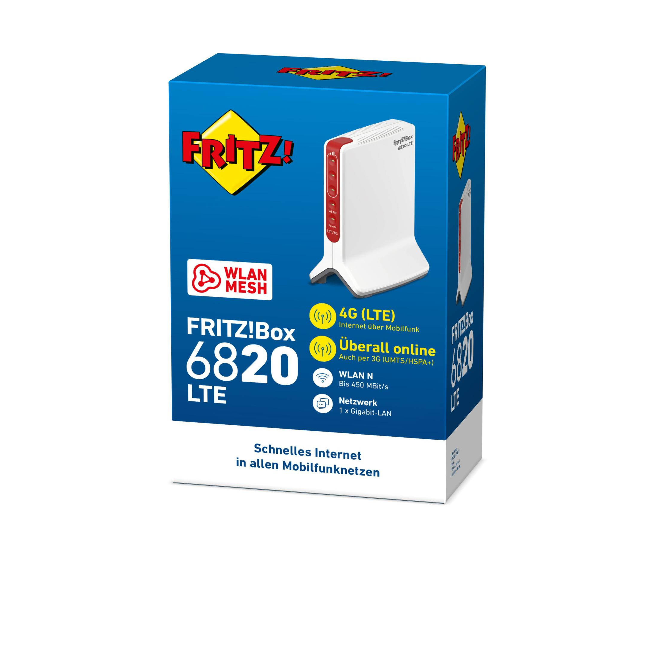 Eine Schachtel der Fritz!Box 6820 LTE. Sie hat einen weißen Router mit roten Akzenten und blauem Hintergrund.