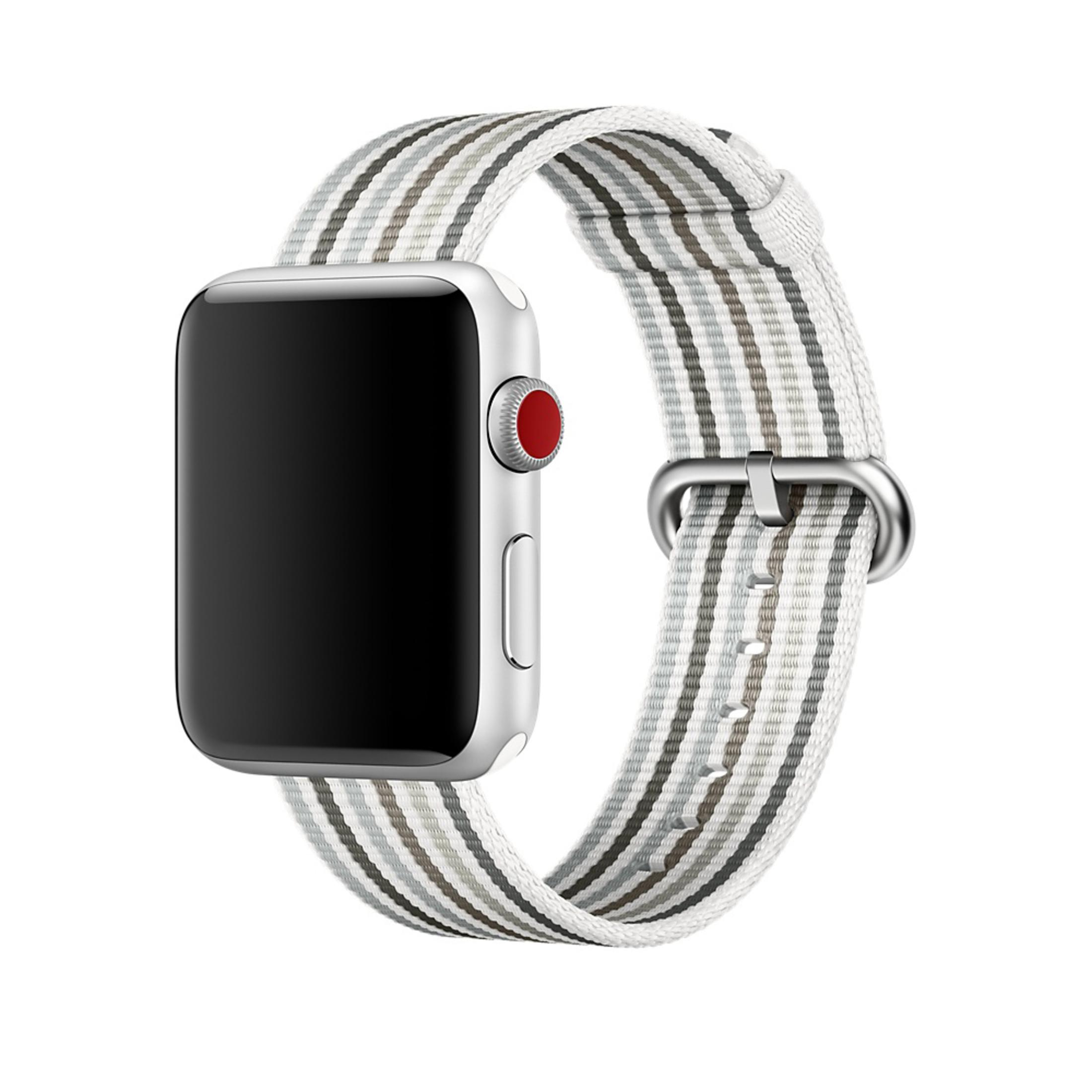 Apple Watch ze srebrną kopertą i paskiem w paski w kolorze białym, szarym i brązowym.