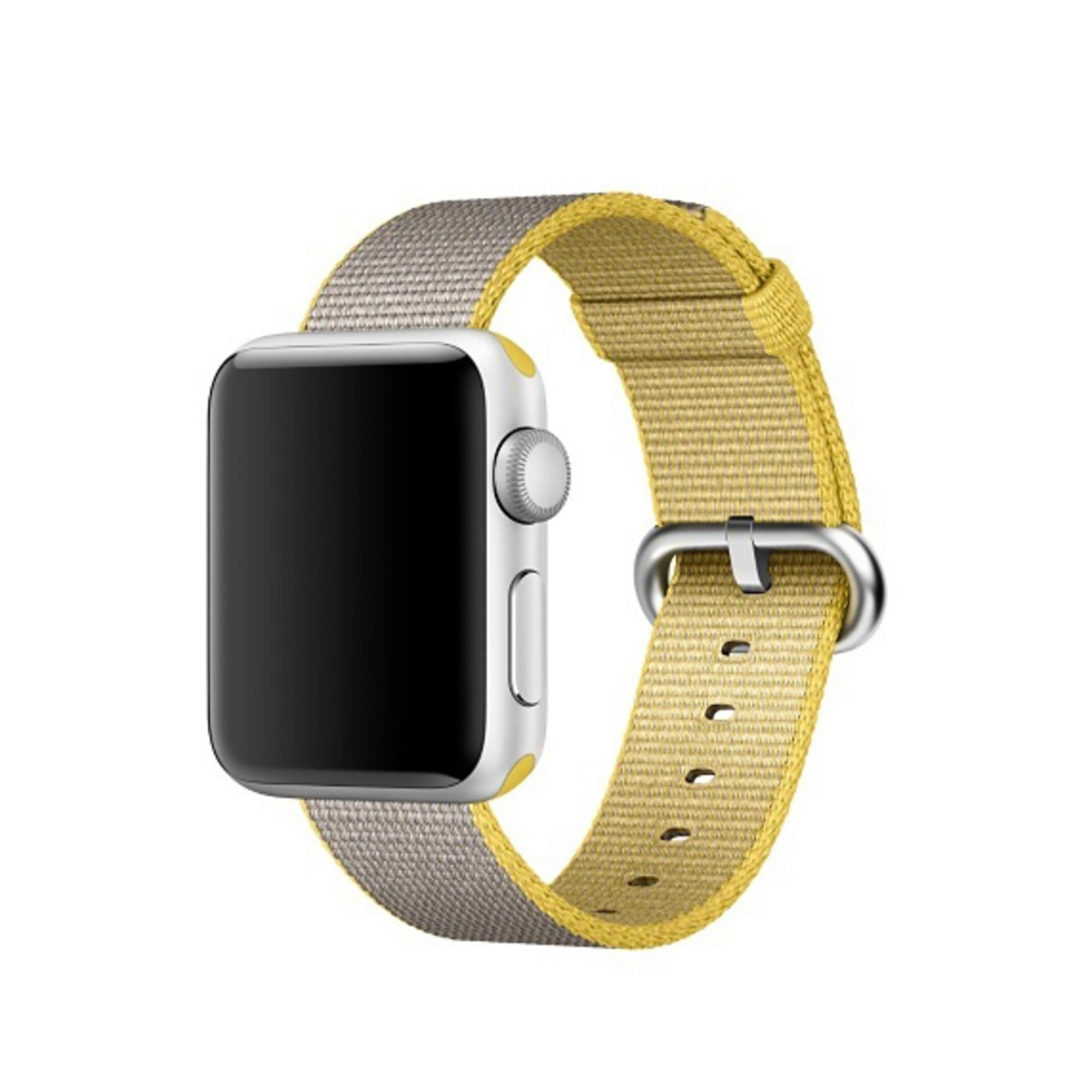 Apple Watch z żółto-szarym paskiem, widok z boku.