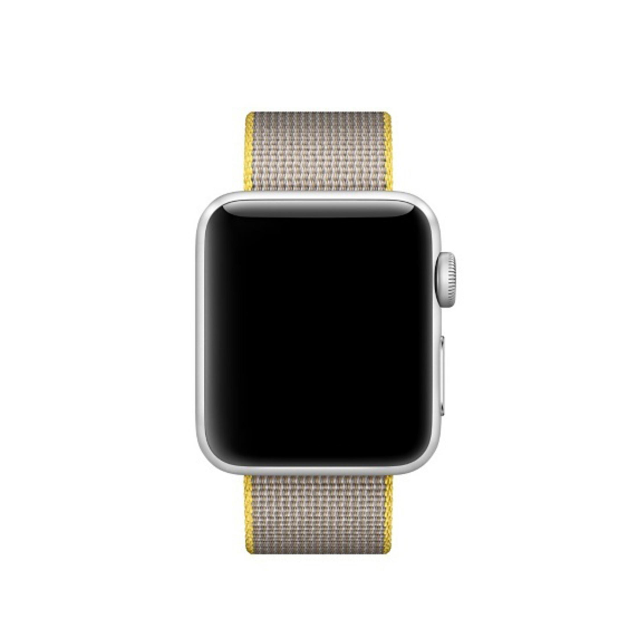 Srebrny smartwatch z czarnym ekranem i żółto-szarym paskiem.