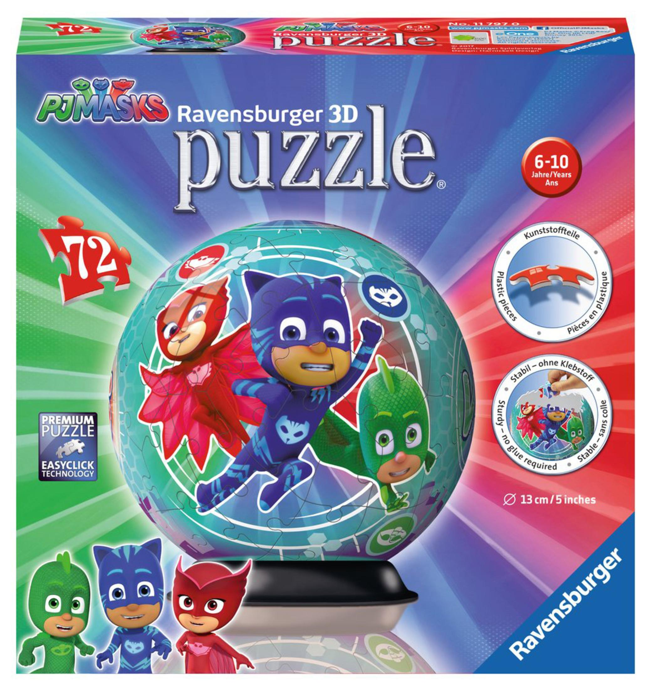 Eine 3D-Puzzlebox mit PJ Masks-Figuren. Die Box ist blau und hat Puzzleteile-Details.