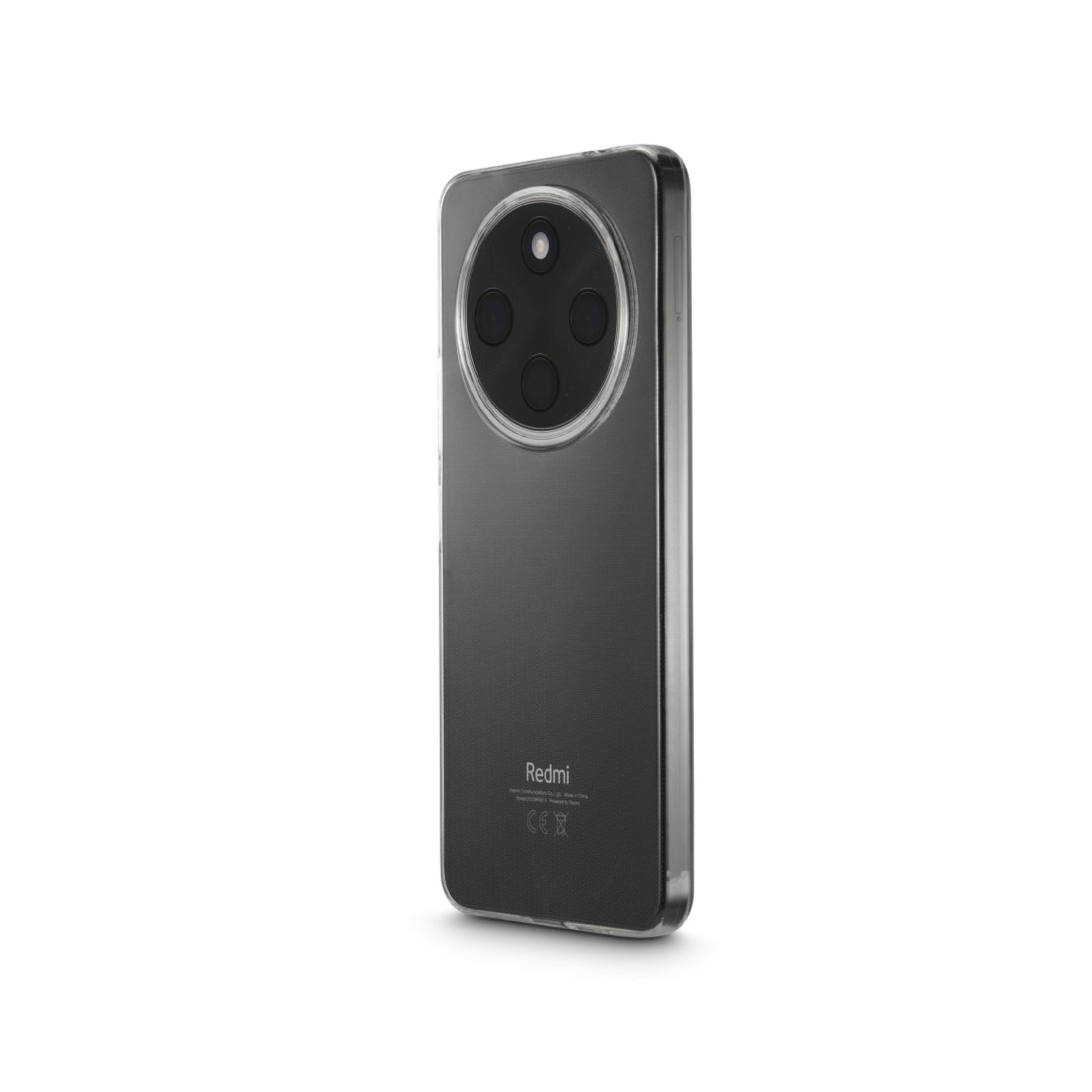 Uno smartphone nero in una custodia trasparente, che mostra un array di fotocamere multi-obiettivo sul retro.
