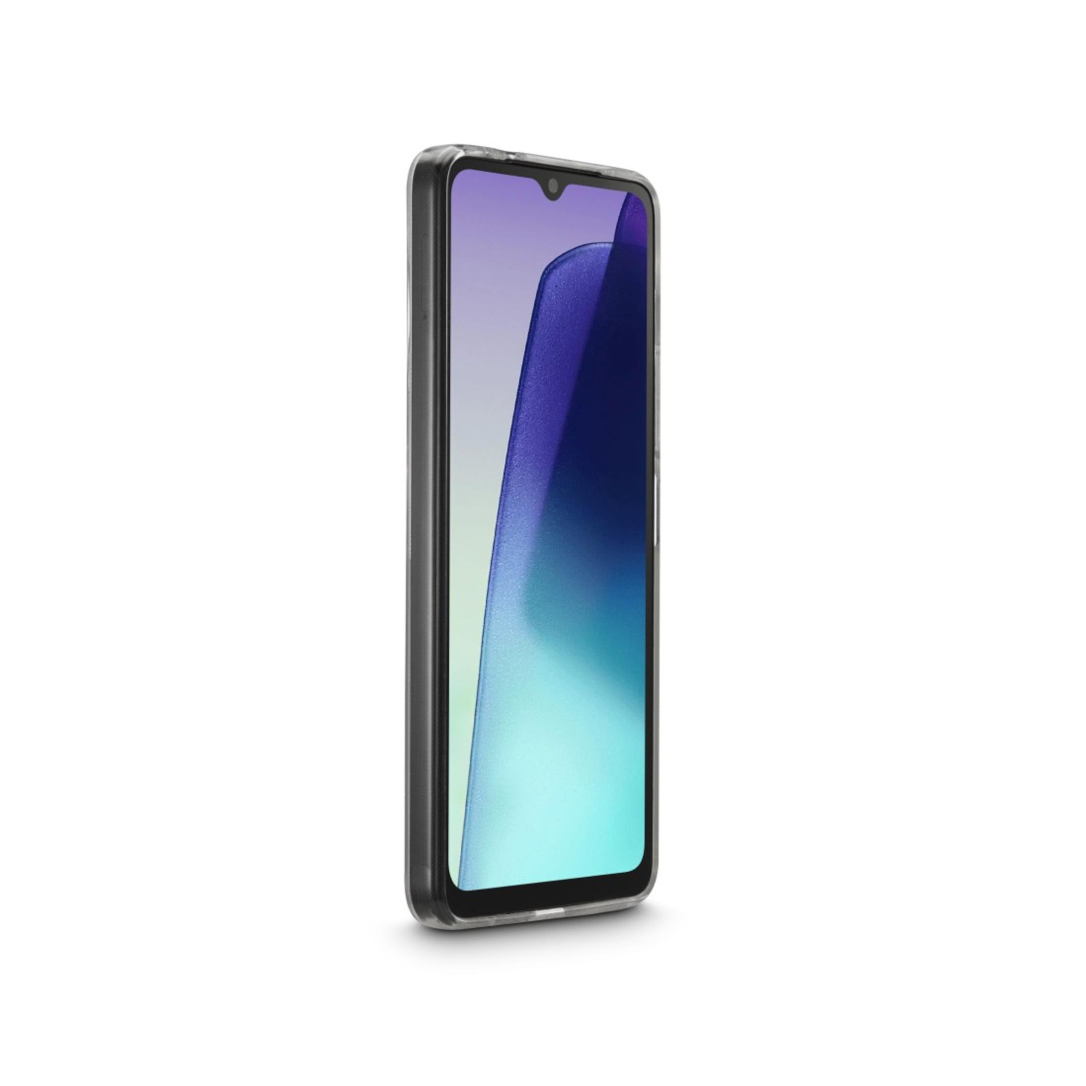Telefono in una custodia trasparente. Il telefono ha uno schermo con una sfumatura blu e viola.