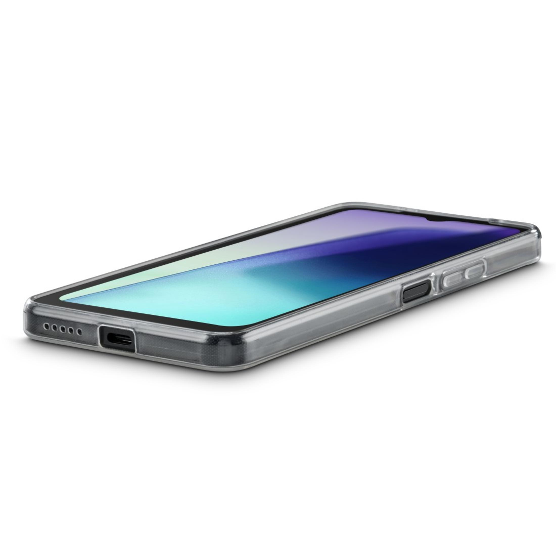 Custodia trasparente per telefono su superficie bianca. Il telefono ha una sfumatura blu e viola.