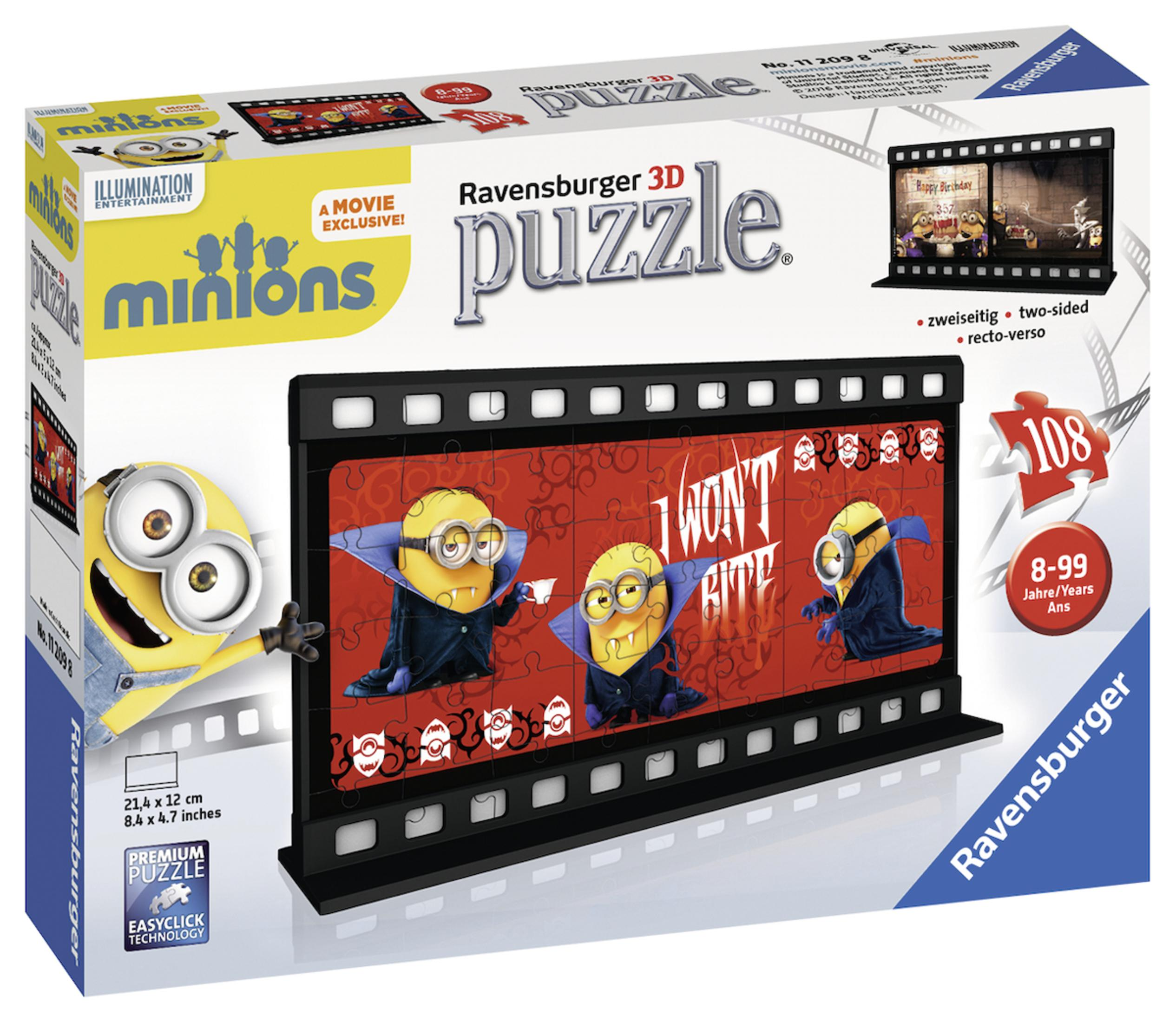 Minions-Film-Puzzle. Das Puzzle befindet sich in einer Box mit Minions-Charakteren und -Grafiken.