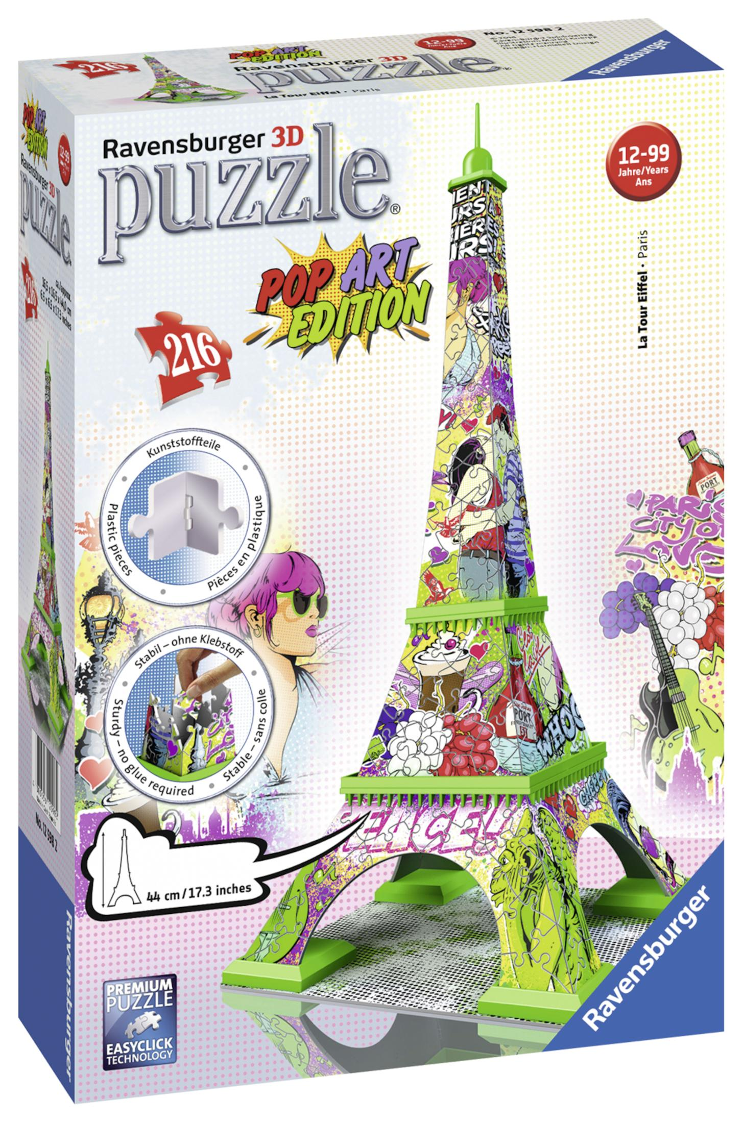 3D Eiffelturm-Puzzle mit farbenfrohem Pop-Art-Design. Die Schachtel zeigt das fertige Puzzle und die Teile.