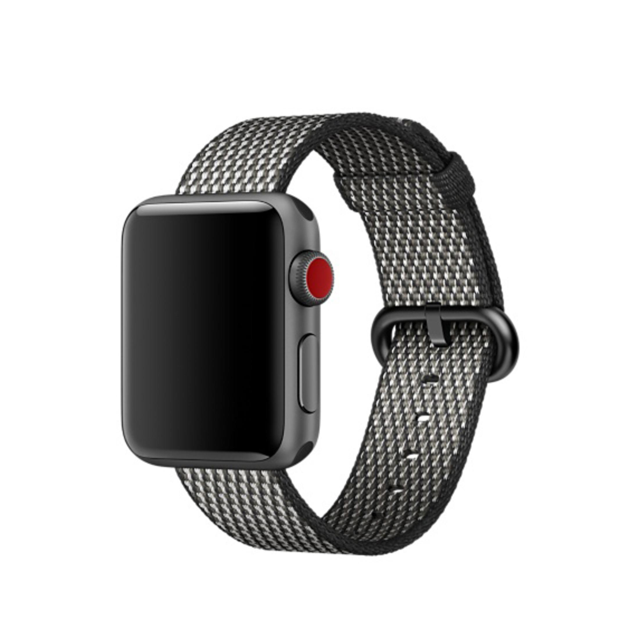 Czarny Apple Watch z czarno-białym paskiem w paski. Widoczny czerwony przycisk.