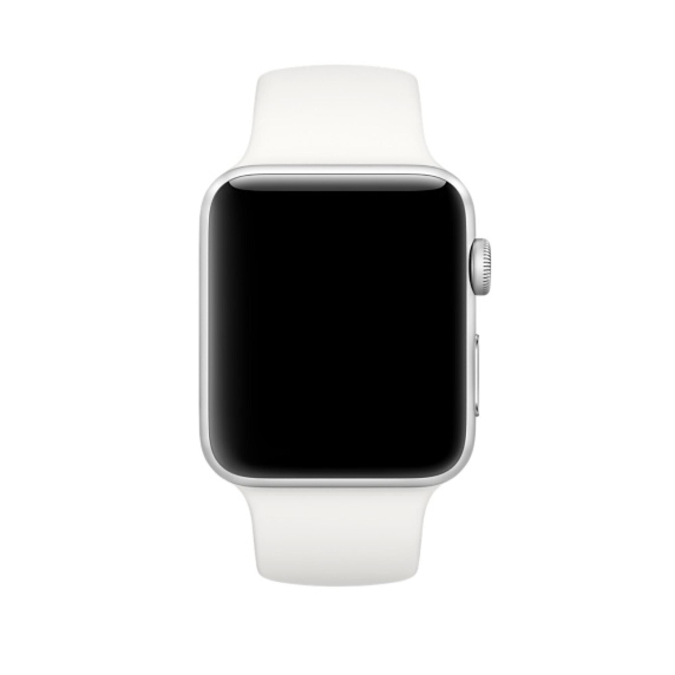 Un Apple Watch bianco con schermo nero e cinturino bianco, su sfondo bianco.