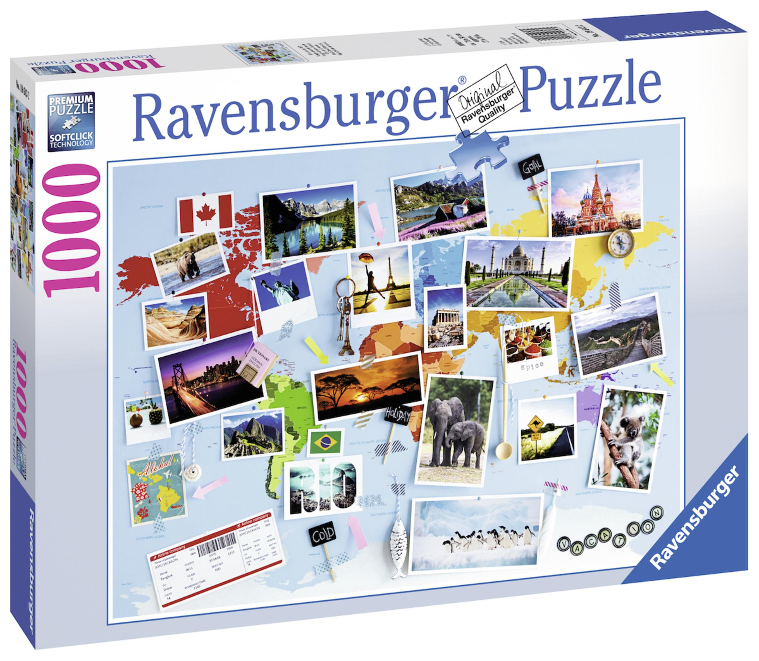 Ravensburger Puzzleschachtel mit Weltkarte, Reisefotos und Puzzleteilen. Enthält Eiffelturm, Taj Mahal und mehr.