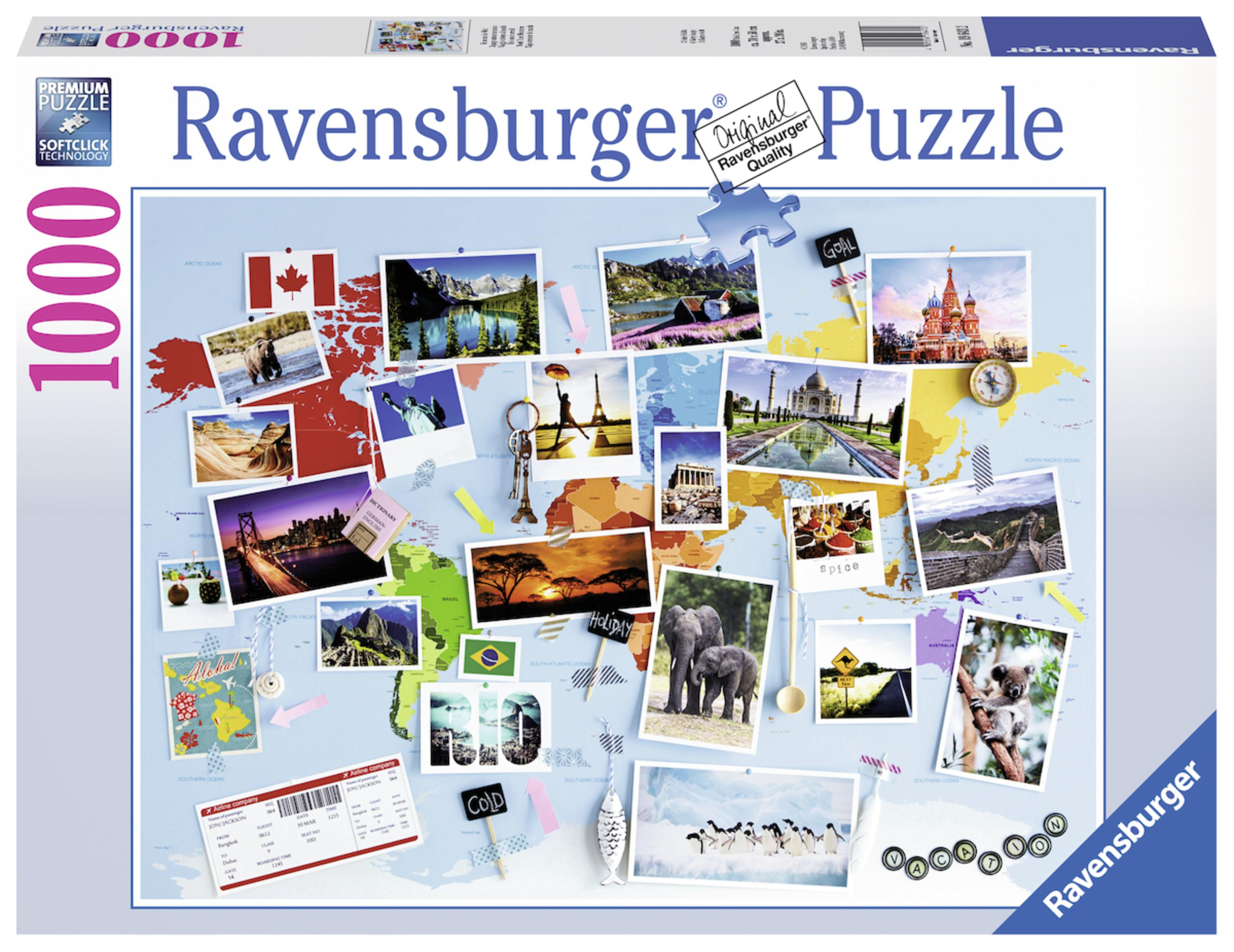 Ravensburger Puzzlebox mit Weltkarten-Design und verschiedenen Bildcollagen.