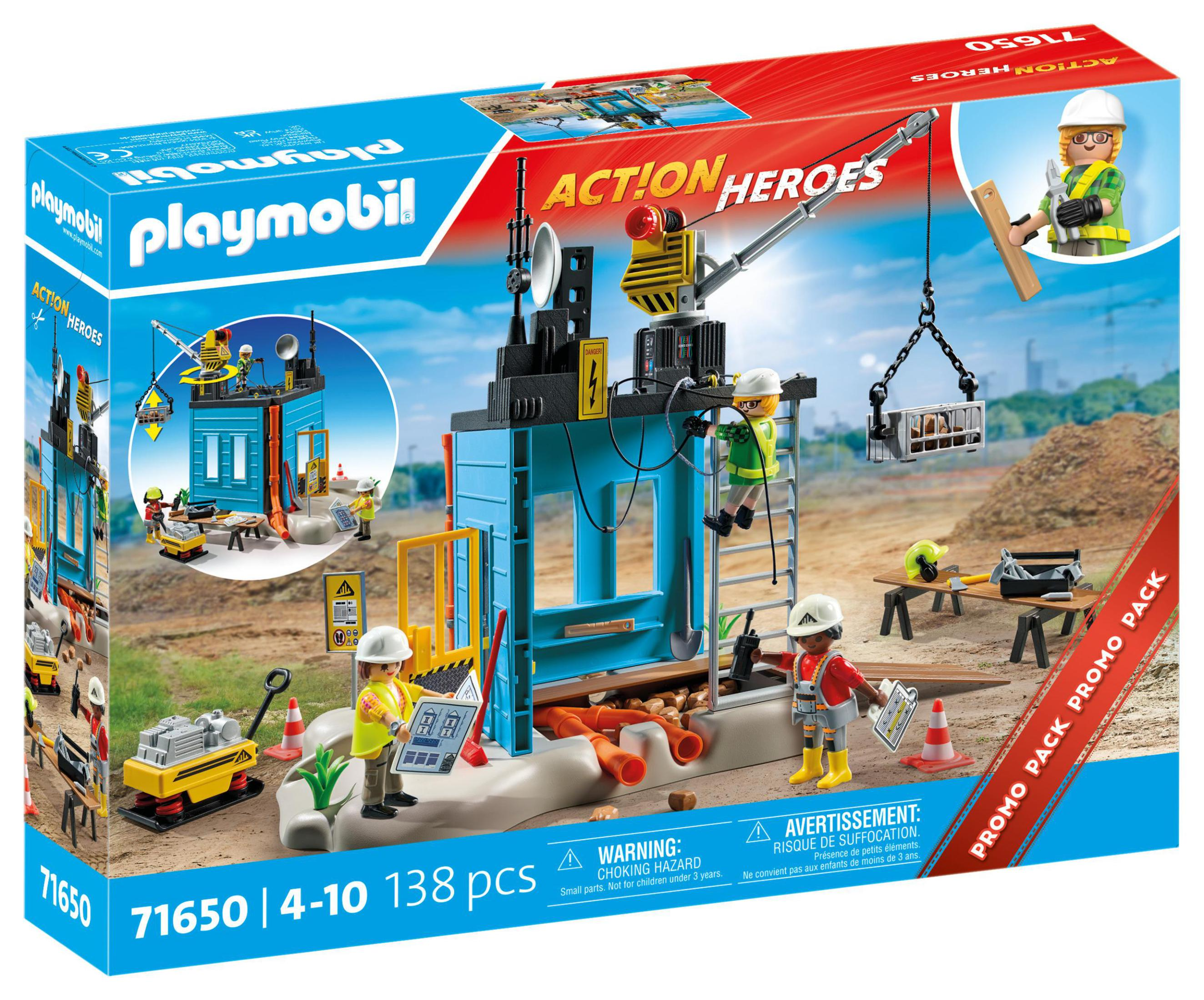Set Playmobil: Eroi d'azione, cantiere con figure, gru e elementi dettagliati.