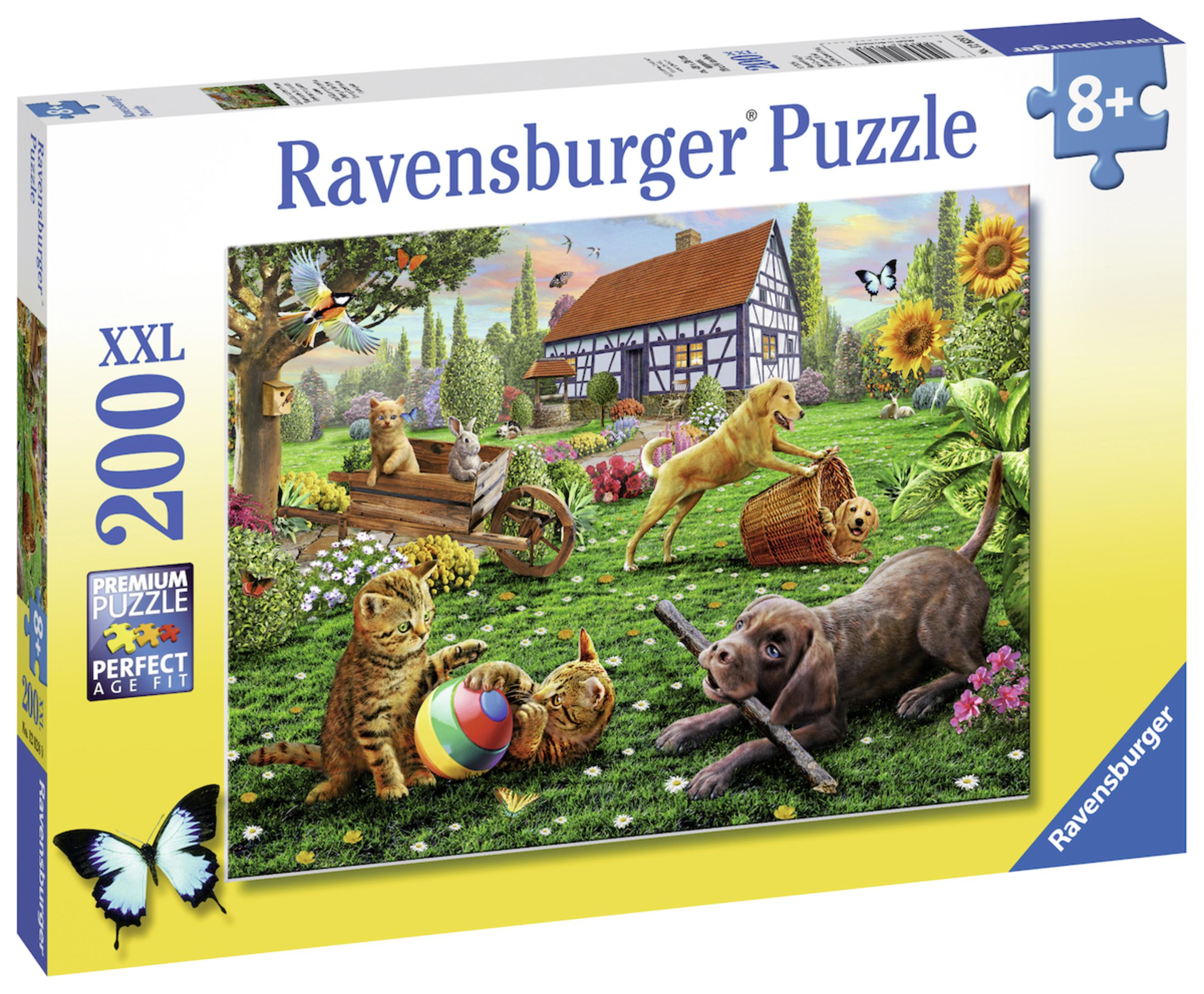 Puzzledose mit bunter Szene von Haus, Tieren und Natur.