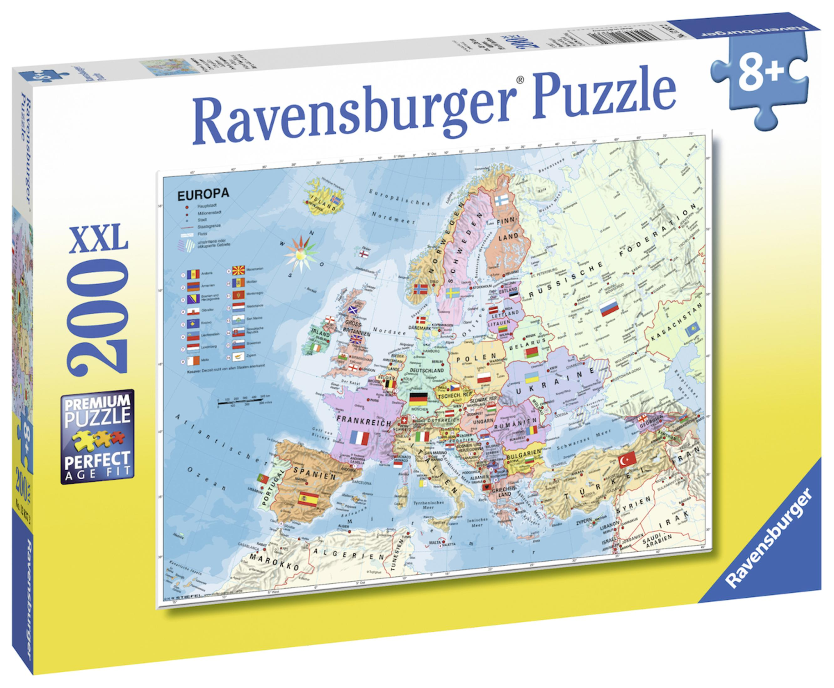Puzzleschachtel mit Europakarte, Länder, Flaggen und Ravensburger-Logo.