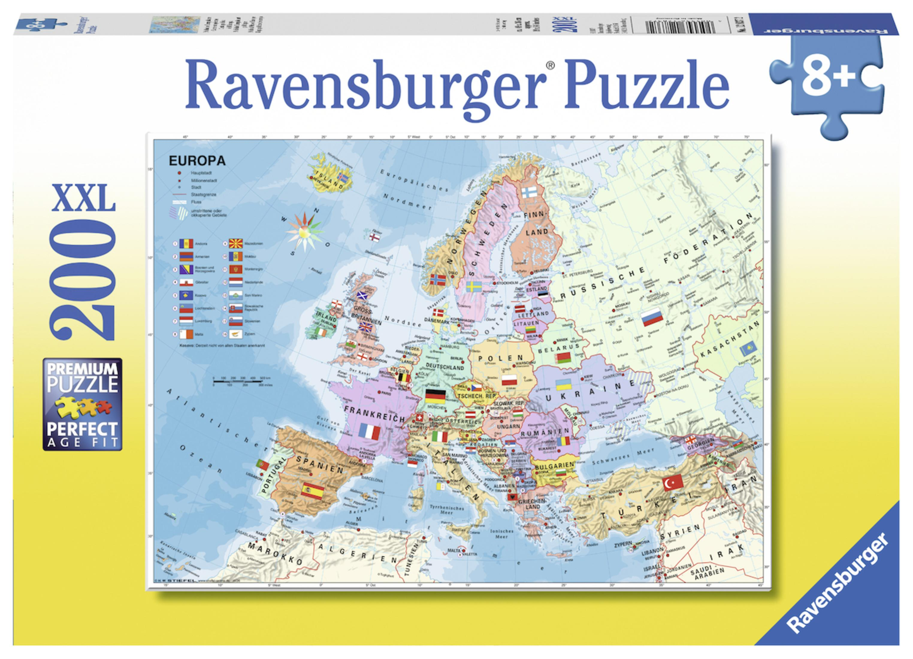 Puzzle der Europakarte mit Flaggen und Beschriftungen.