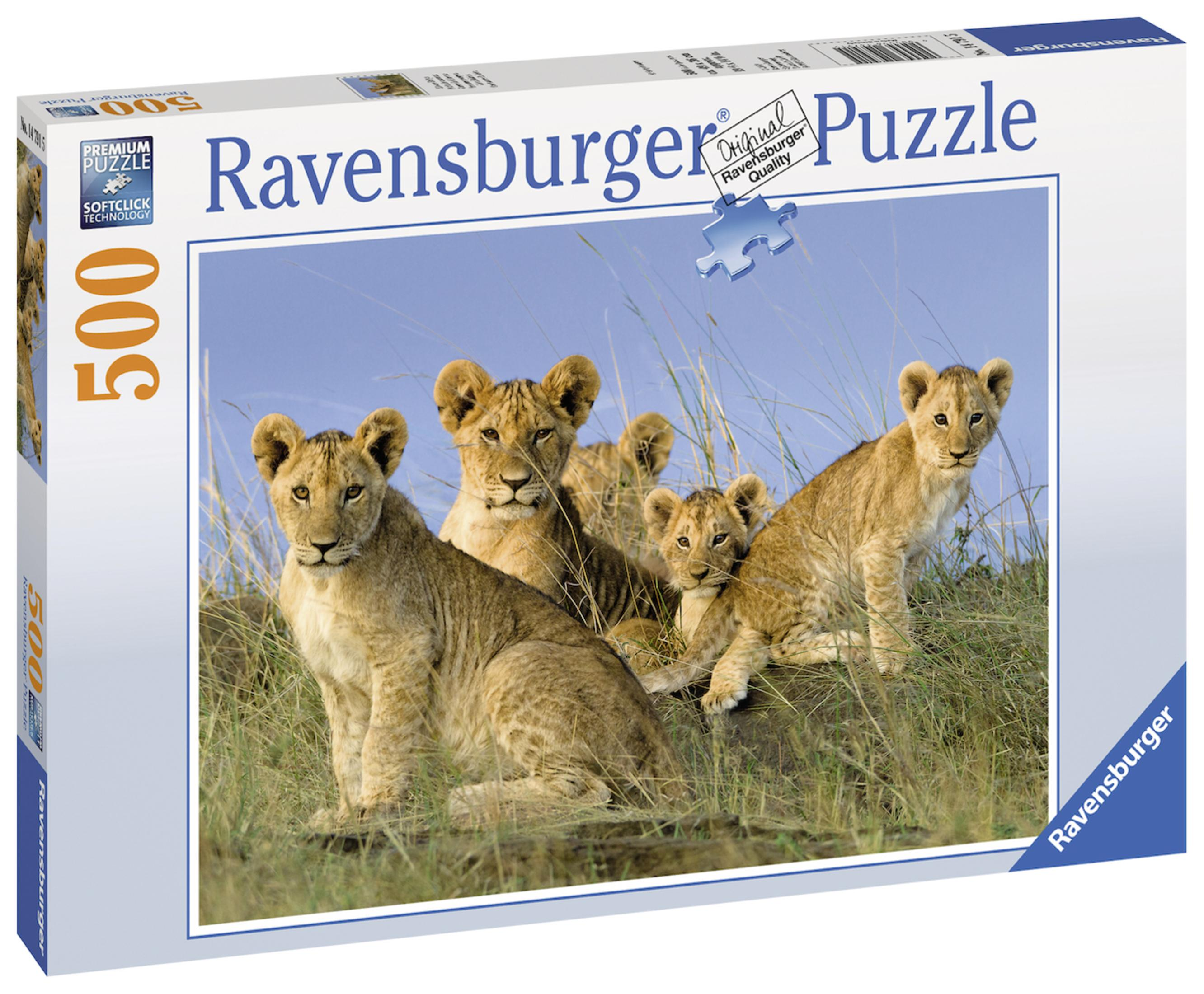 Eine Puzzledose mit einem Bild von Löwenbabys im Gras, beschriftet 'Ravensburger Puzzle'.